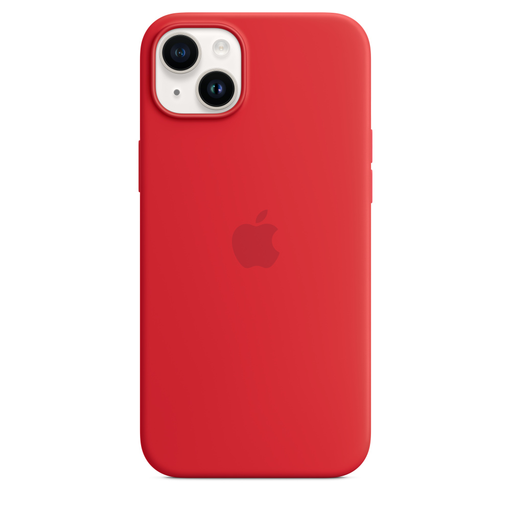 Eine rote iPhone-Hülle mit rotem Apple-Logo und Kameralinsen.