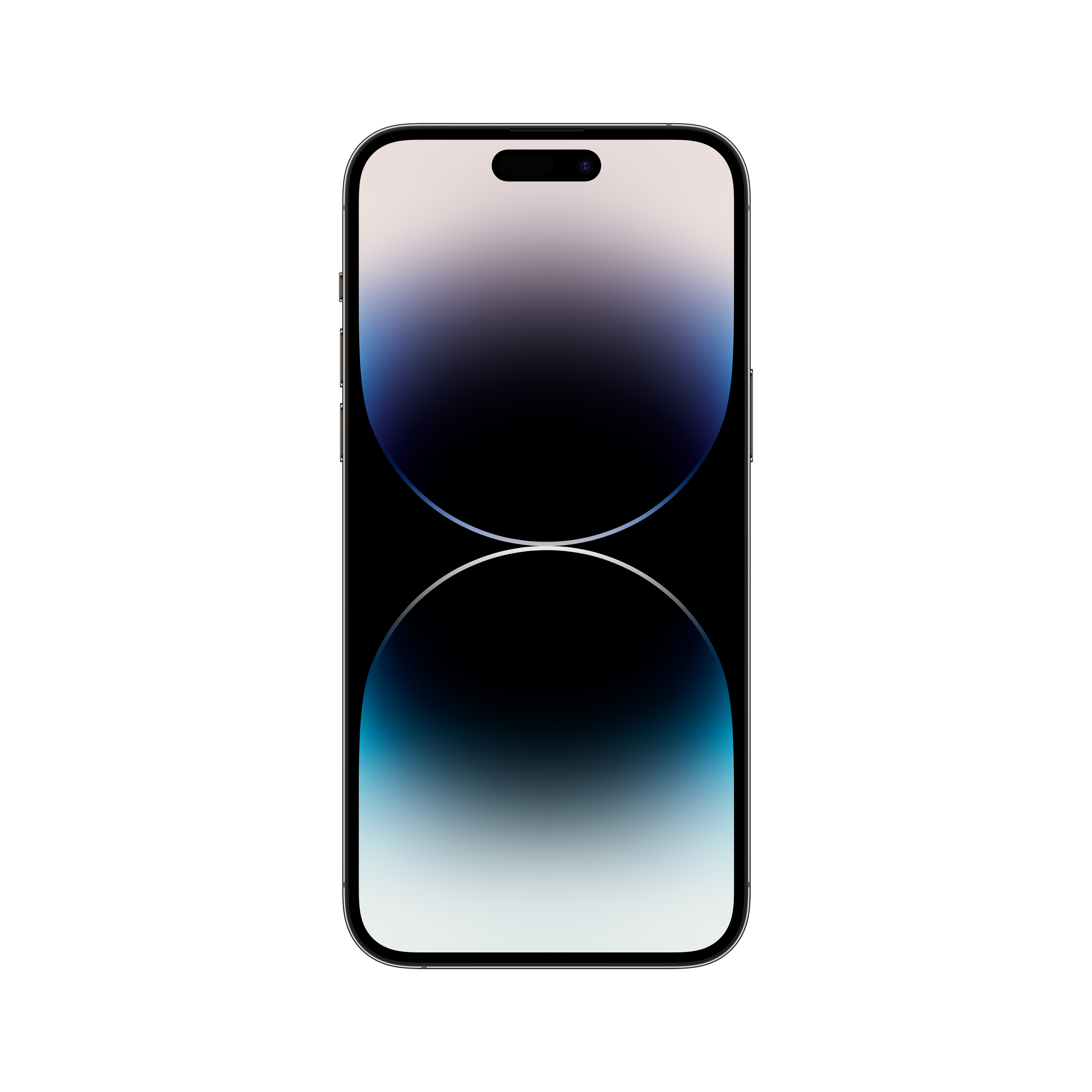 Beyaz arka plan üzerinde iPhone 14 Pro Max, önden görünüm. Ekran bir gradyan ve koyu bir çentik görüntülüyor.