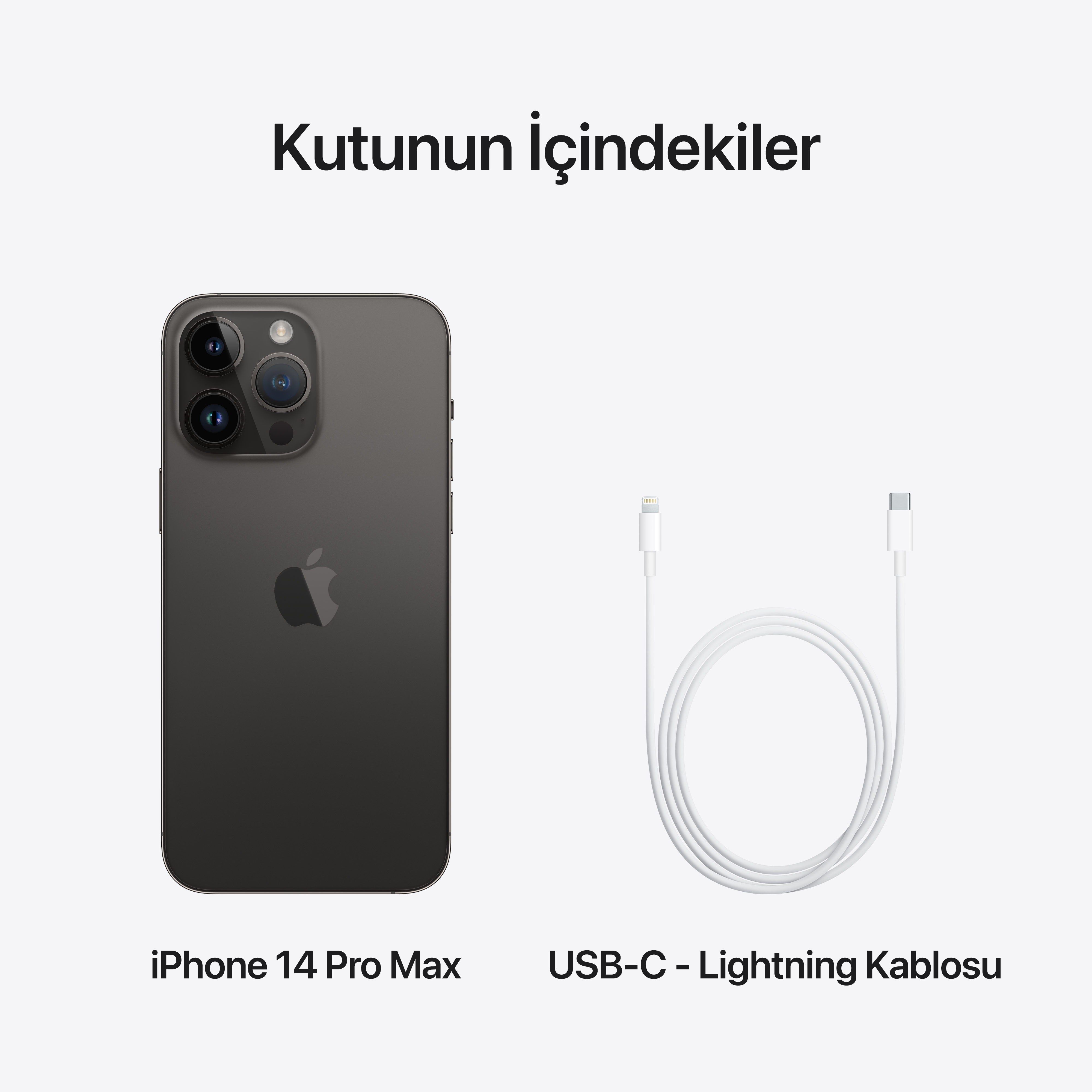 Bir şarj kablosuyla iPhone 14 Pro Max. Metin: iPhone 14 Pro Max ve USB-C - Lightning Kablosu.