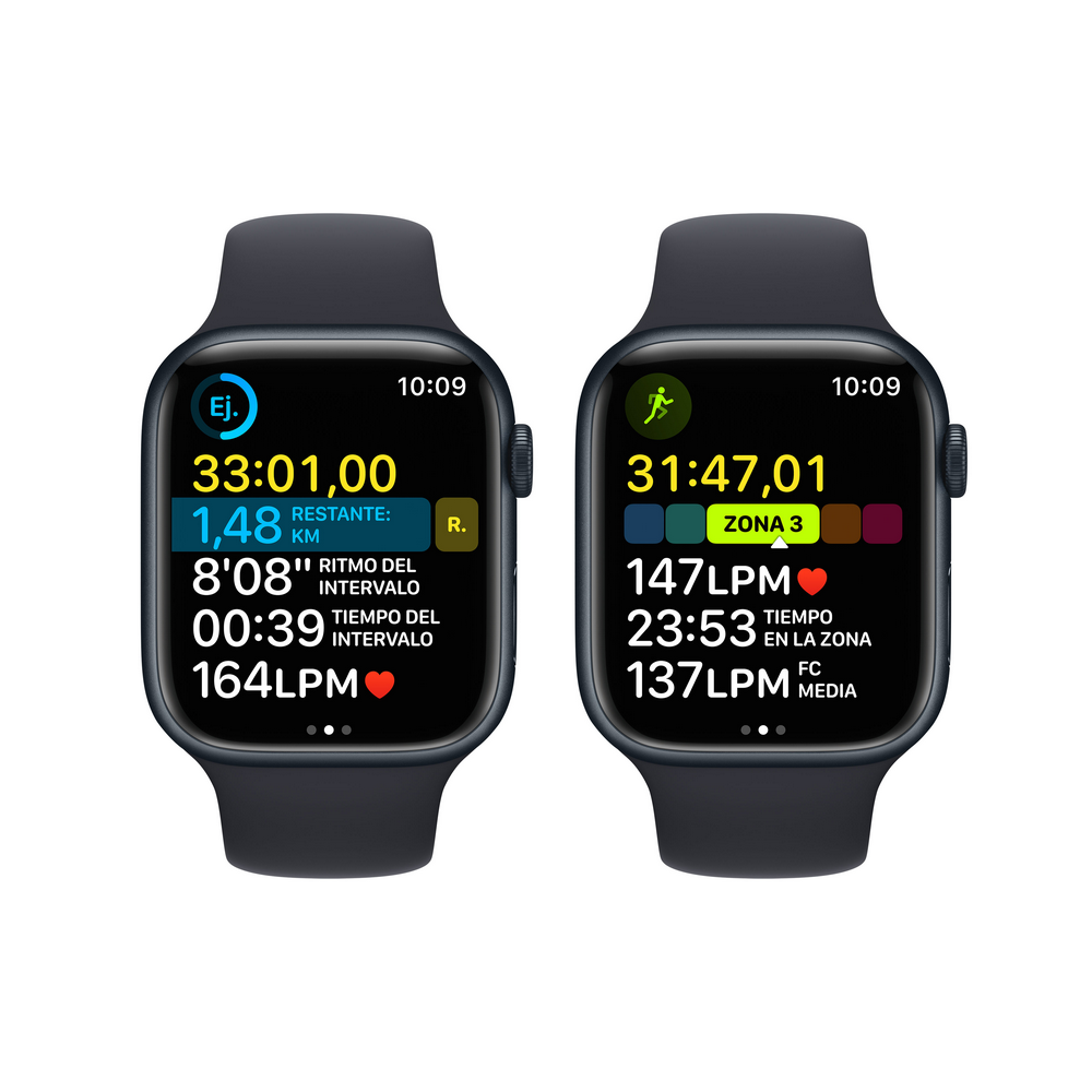 Dos Apple Watches mostrando diferentes estadísticas de entrenamiento: tiempo, frecuencia cardíaca y datos de zona, sobre fondo blanco.