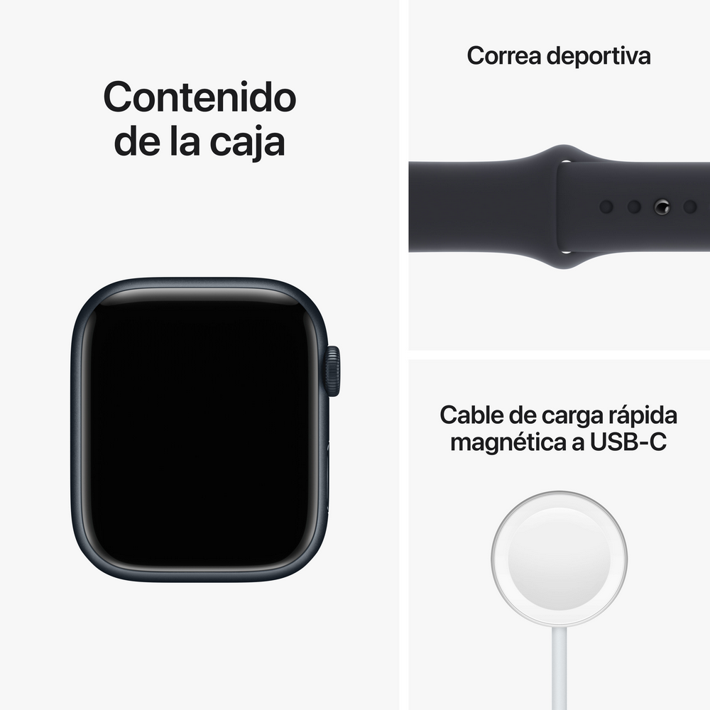 Apple Watch, correa deportiva y cable de carga magnético. Texto en español.