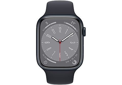 APPLE Watch Series 8 (2022), GPS, 45 mm, Caja de aluminio, Vidrio delantero Ion-X, Correa deportiva medianoche