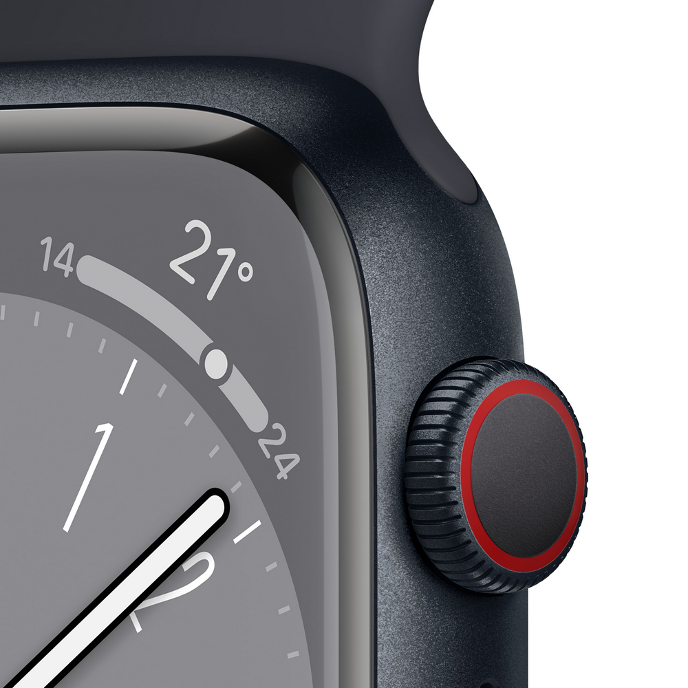 Primer plano del lateral del Apple Watch: esfera, botón rojo y visualización de temperatura.