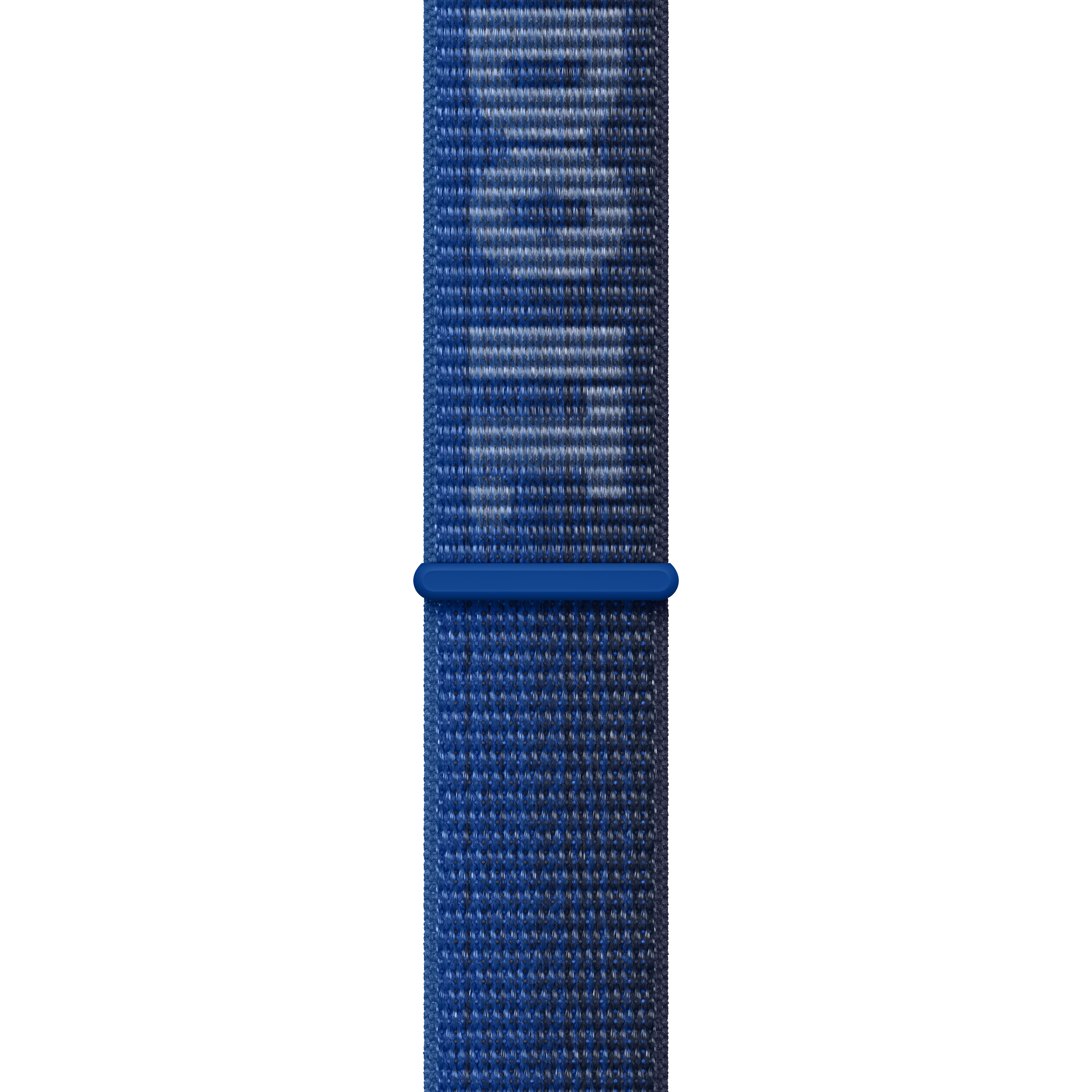 Ein blau-weiß gestreiftes Apple Watch Armband mit blauem Verschluss.