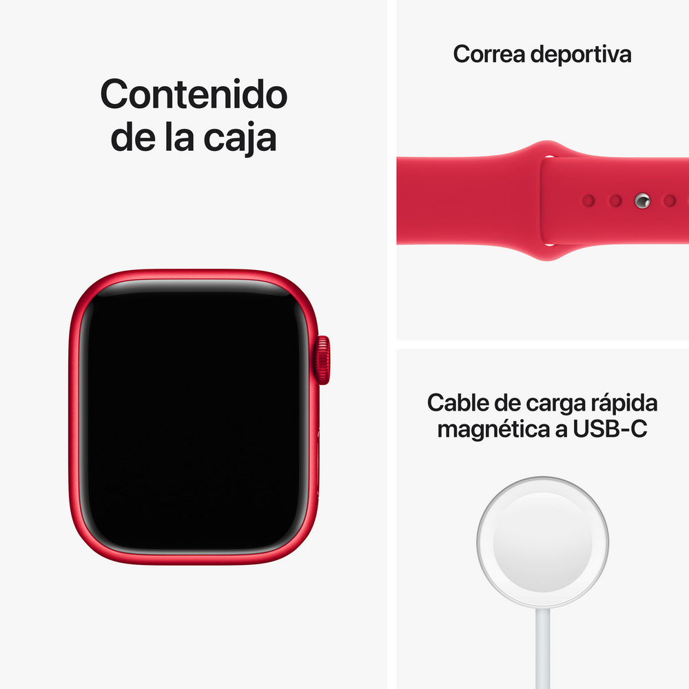 Contenido de una caja: un Apple Watch rojo, una correa roja y un cable de carga magnético blanco.