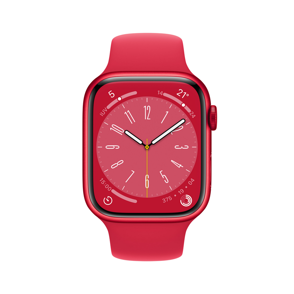 Apple Watch roja sobre fondo blanco, mostrando la hora. Correa y esfera rojas.