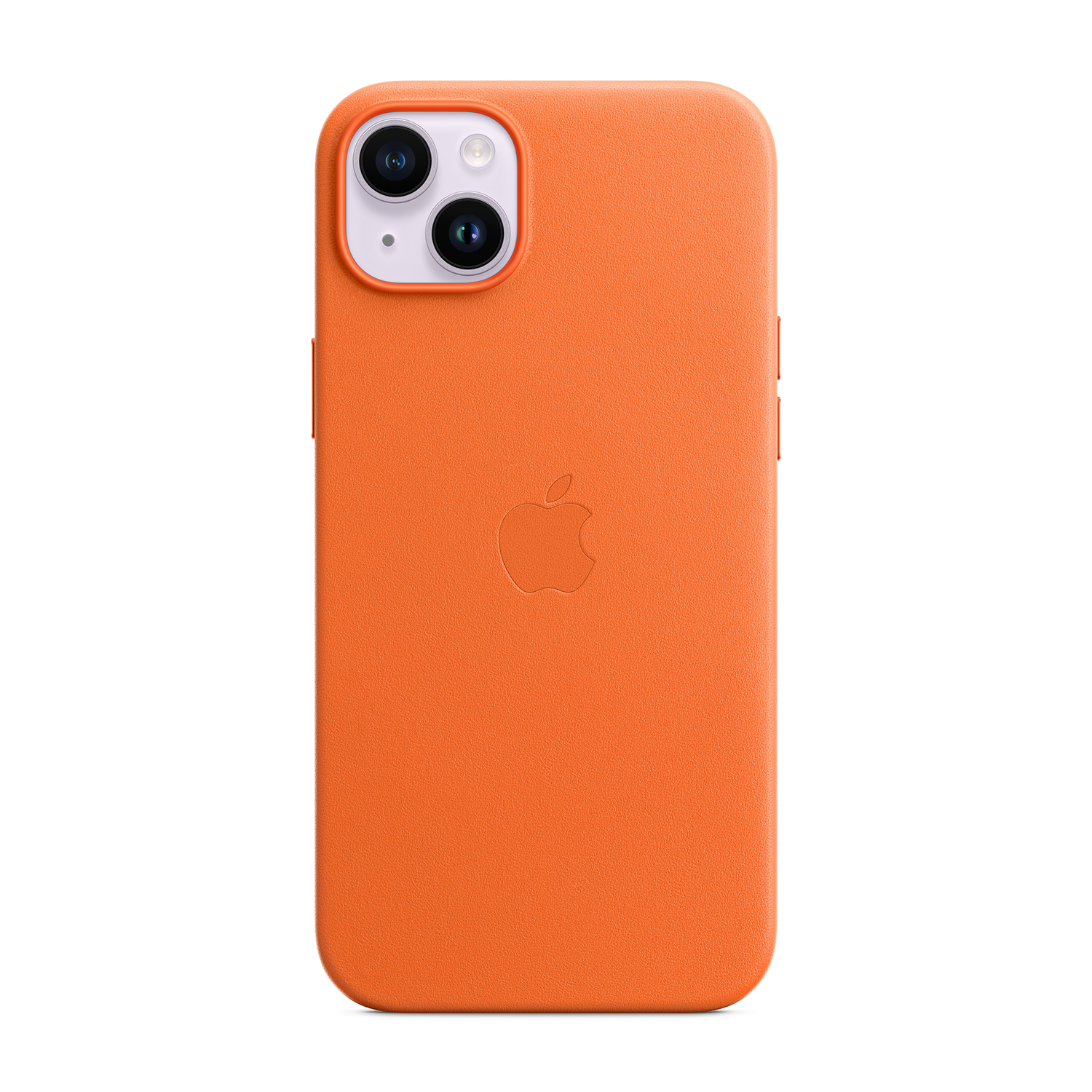Custodia per telefono arancione con logo Apple e fotocamera.