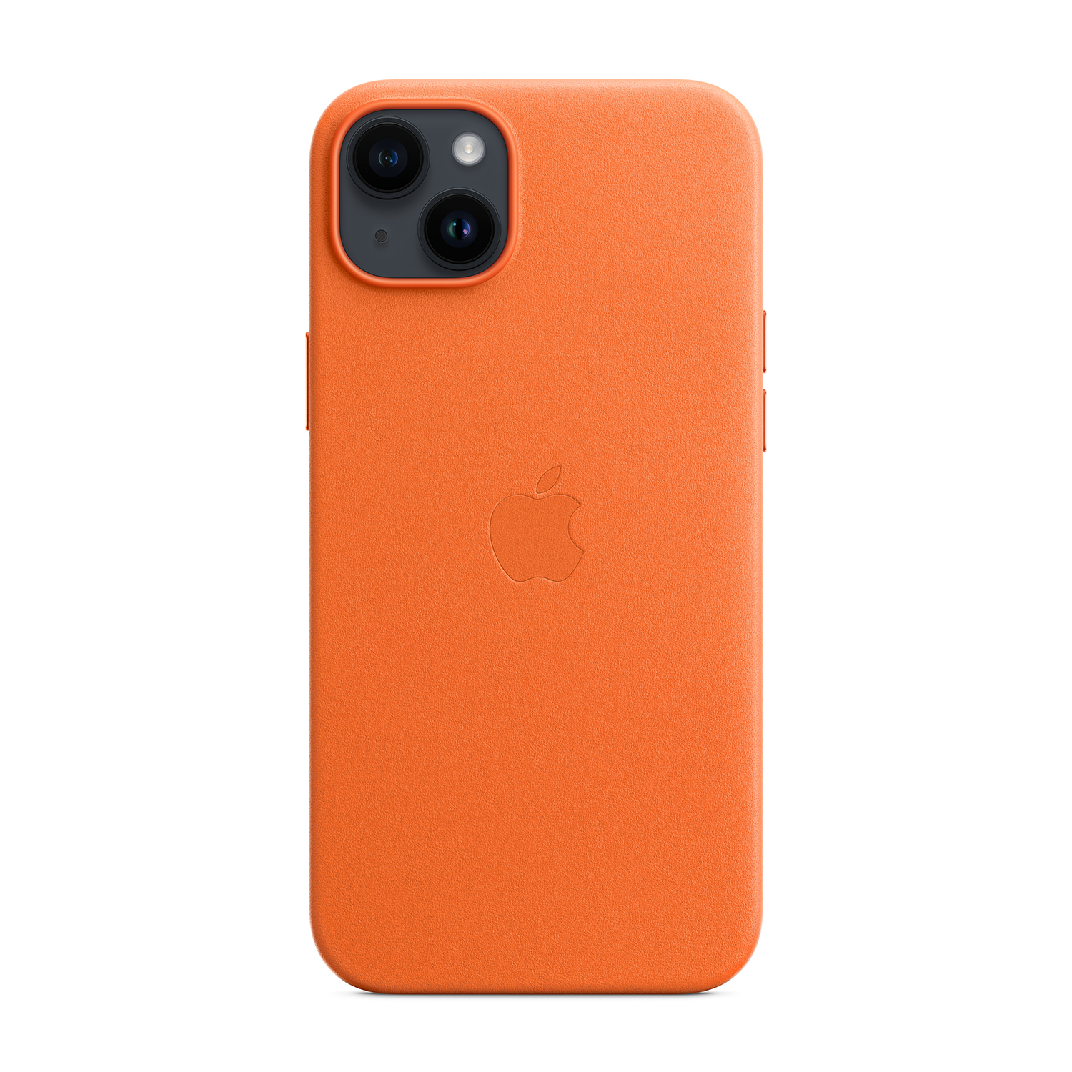 Custodia per telefono arancione con logo Apple e fotocamera.