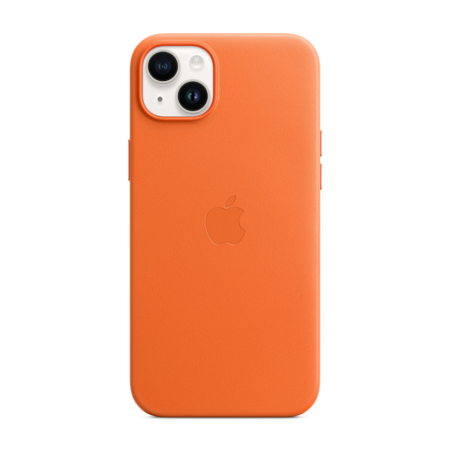 Custodia per telefono arancione con logo Apple e fotocamera.