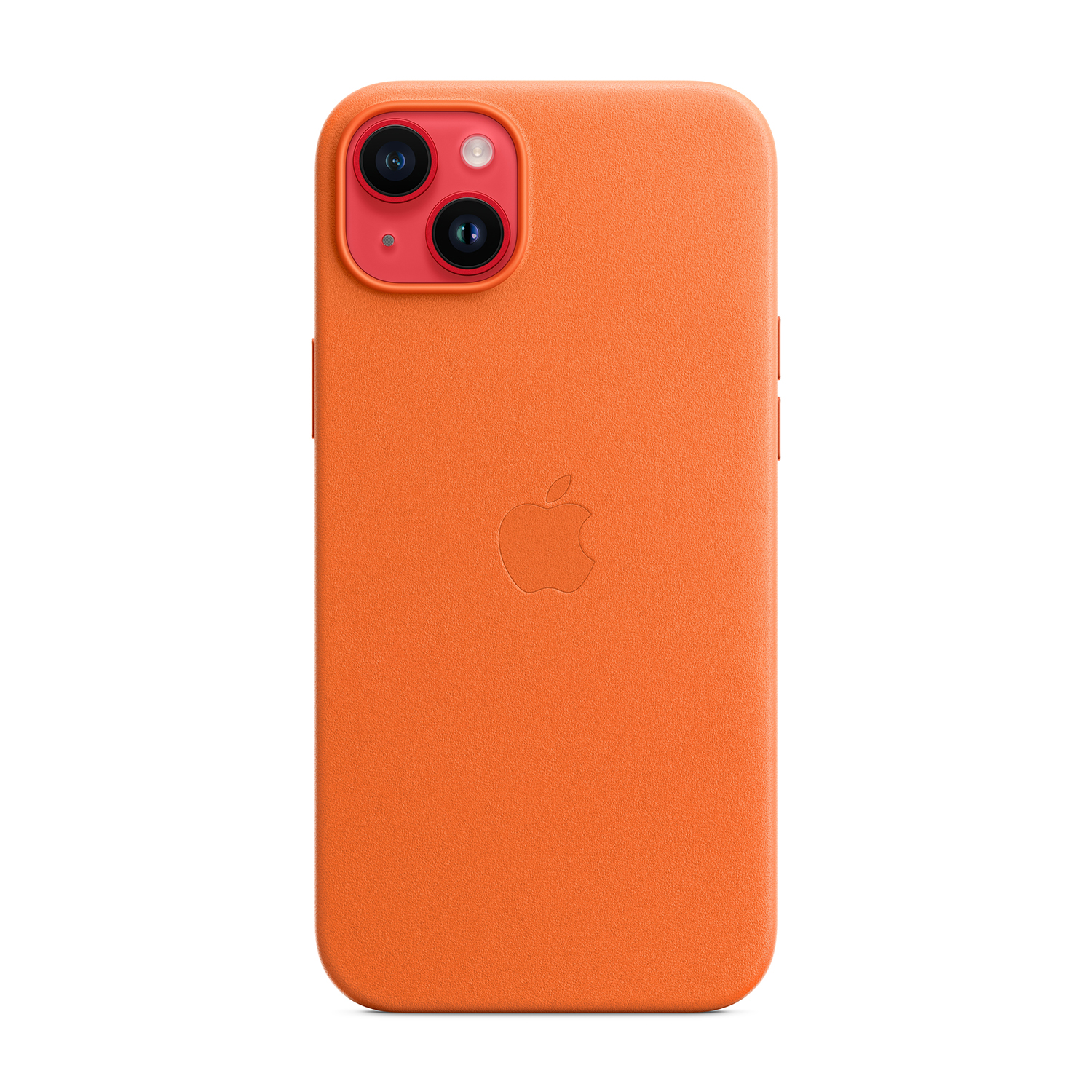Custodia arancione per iPhone con logo Apple. Doppia fotocamera e pulsanti.