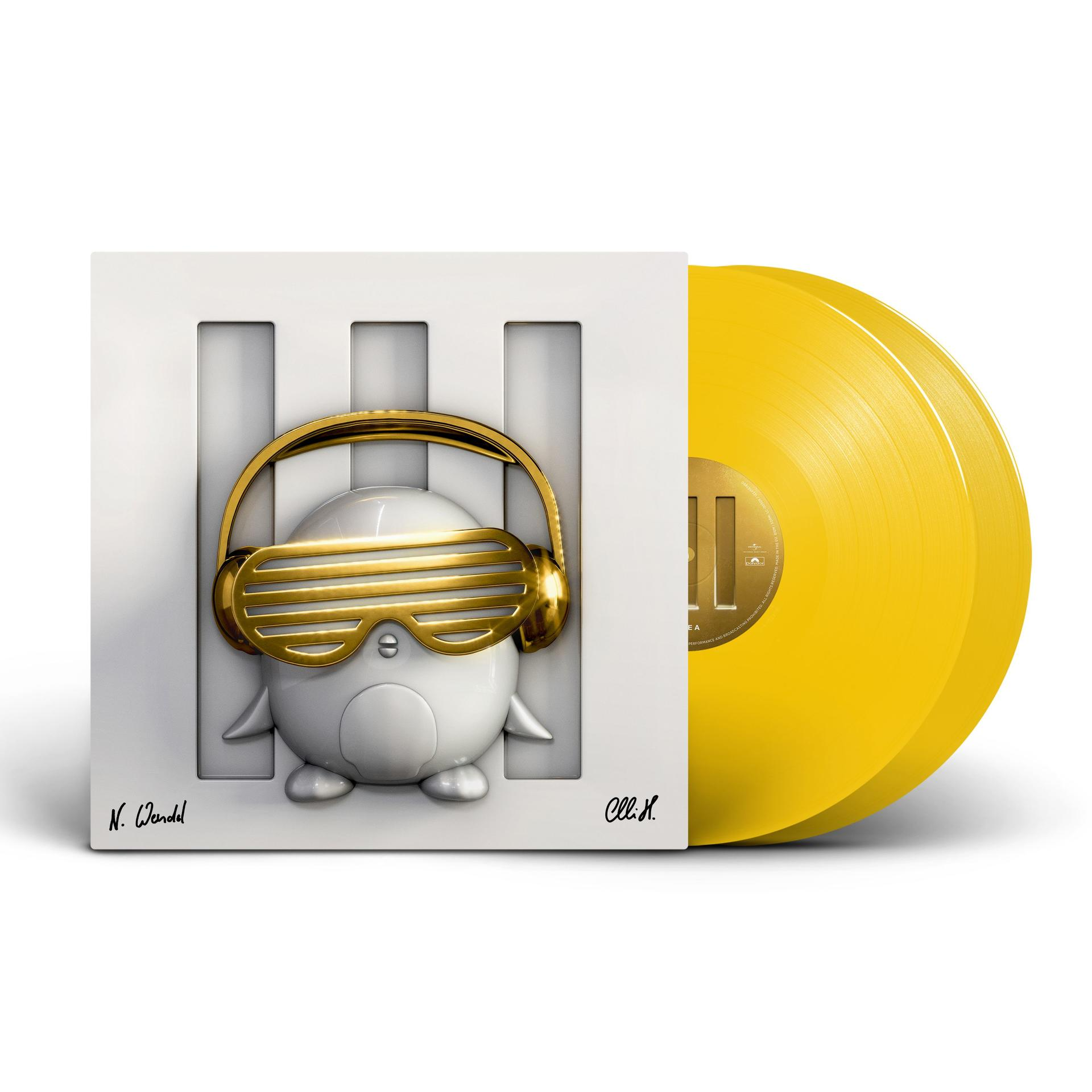 Albumcover: Pinguin mit goldener DJ-Brille. Gelbe Schallplatte.