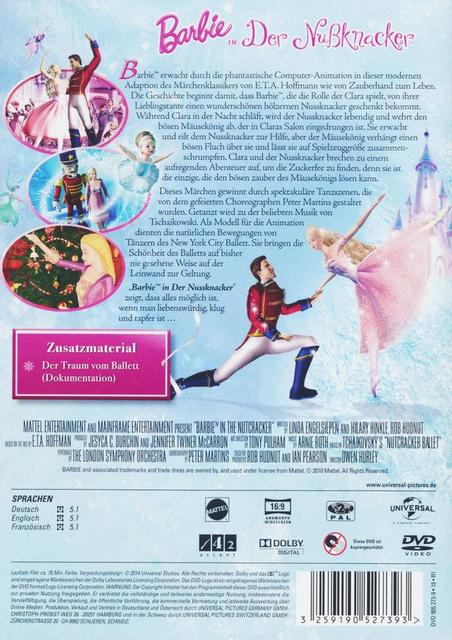 Rückseite einer Barbie-DVD mit Tänzern und einem Schloss. Text in mehreren Sprachen vorhanden.