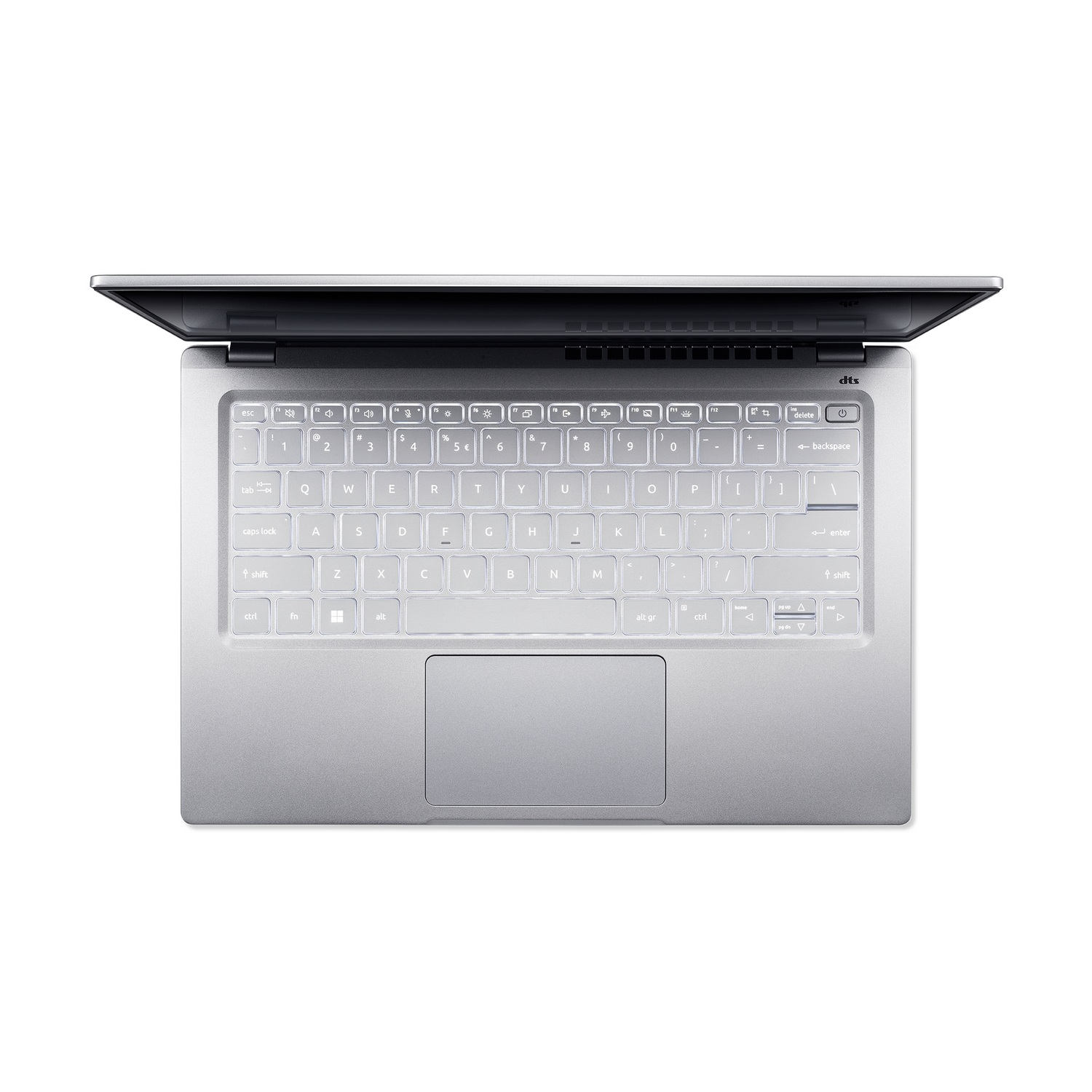 Teclado de portátil, teclas retroiluminadas sobre una superficie plateada. La pantalla está abierta.