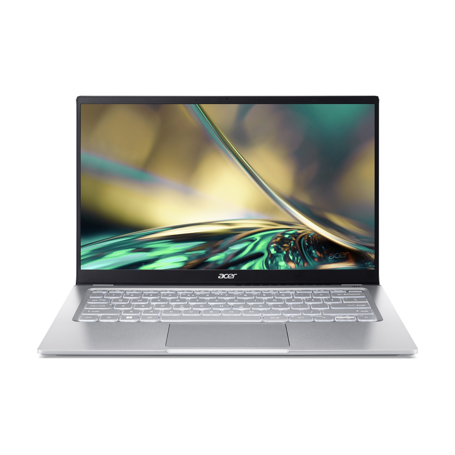 Laptop plateado con pantalla abierta sobre superficie blanca. Logo Acer visible.