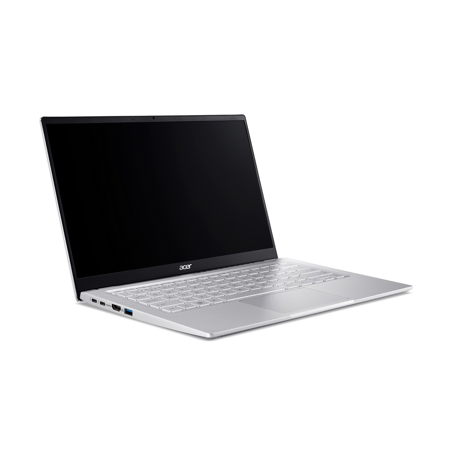 Un portátil plateado sobre una superficie blanca. La pantalla es negra. Logotipo de Acer debajo de la pantalla.
