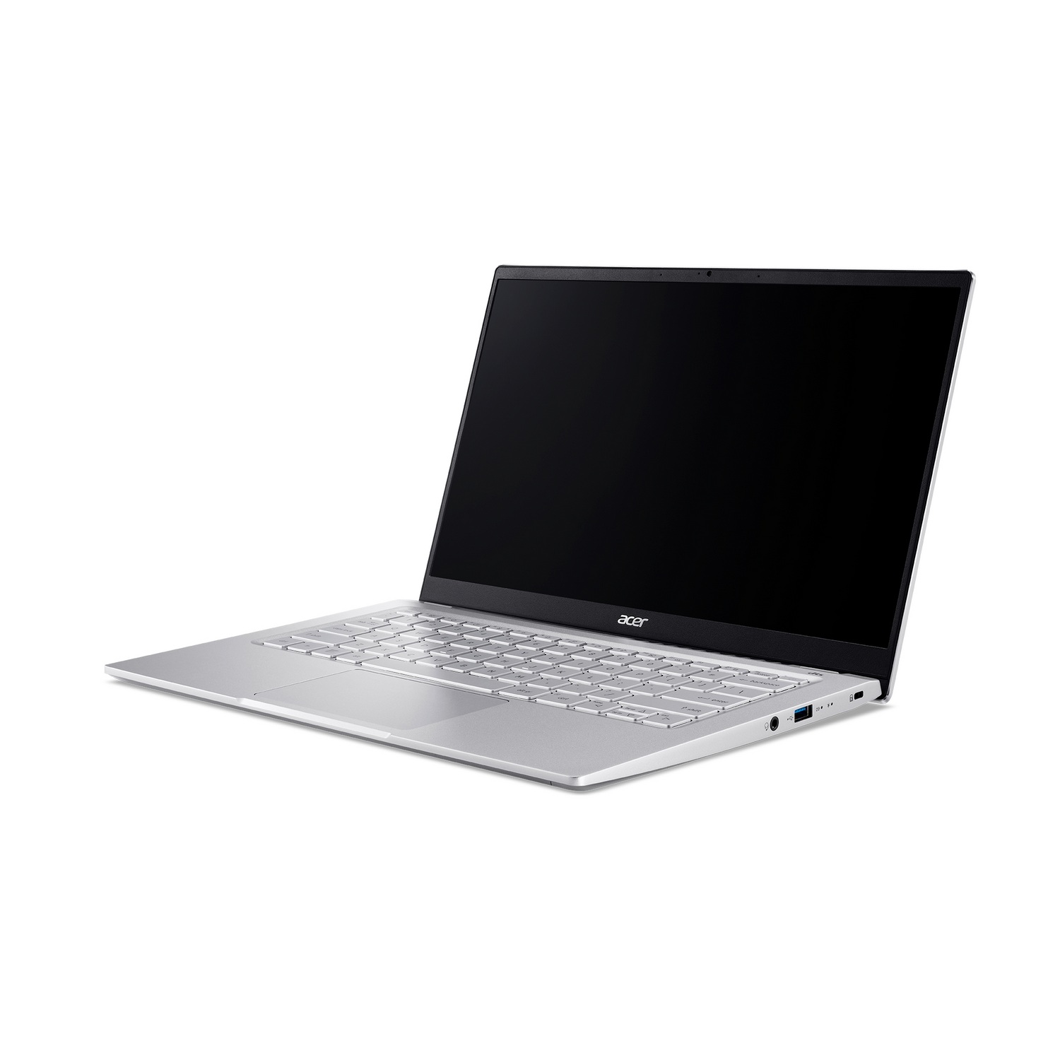 Portátil plateado con pantalla negra abierto sobre una superficie blanca. Logo Acer en el bisel inferior.