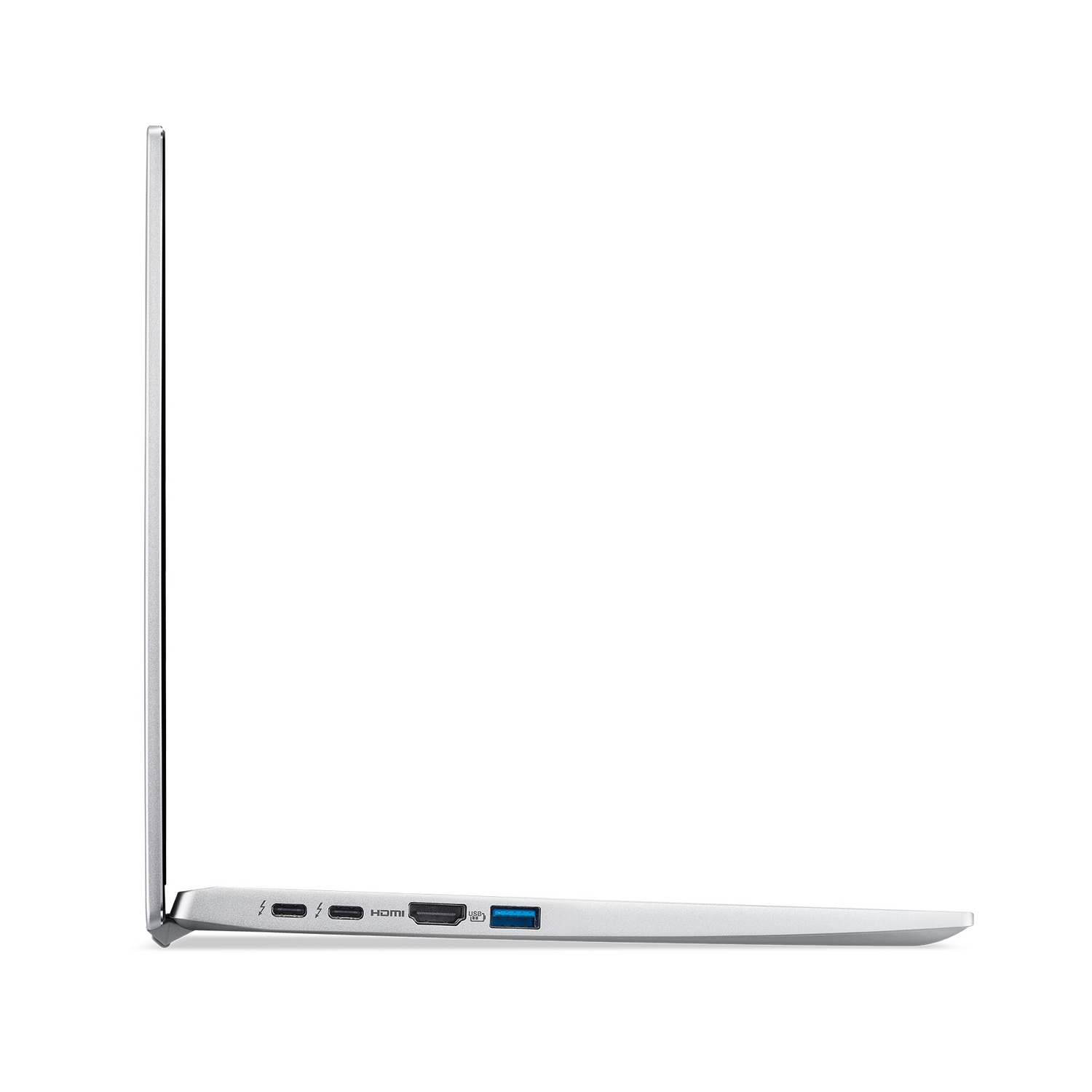 Vista lateral de un portátil plateado con puertos: HDMI, USB y USB-C. La pantalla está cerrada.