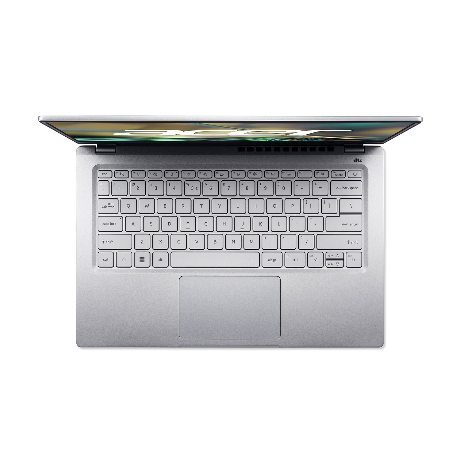 Vista superior de un portátil plateado con la pantalla abierta, que revela un teclado y un panel táctil.