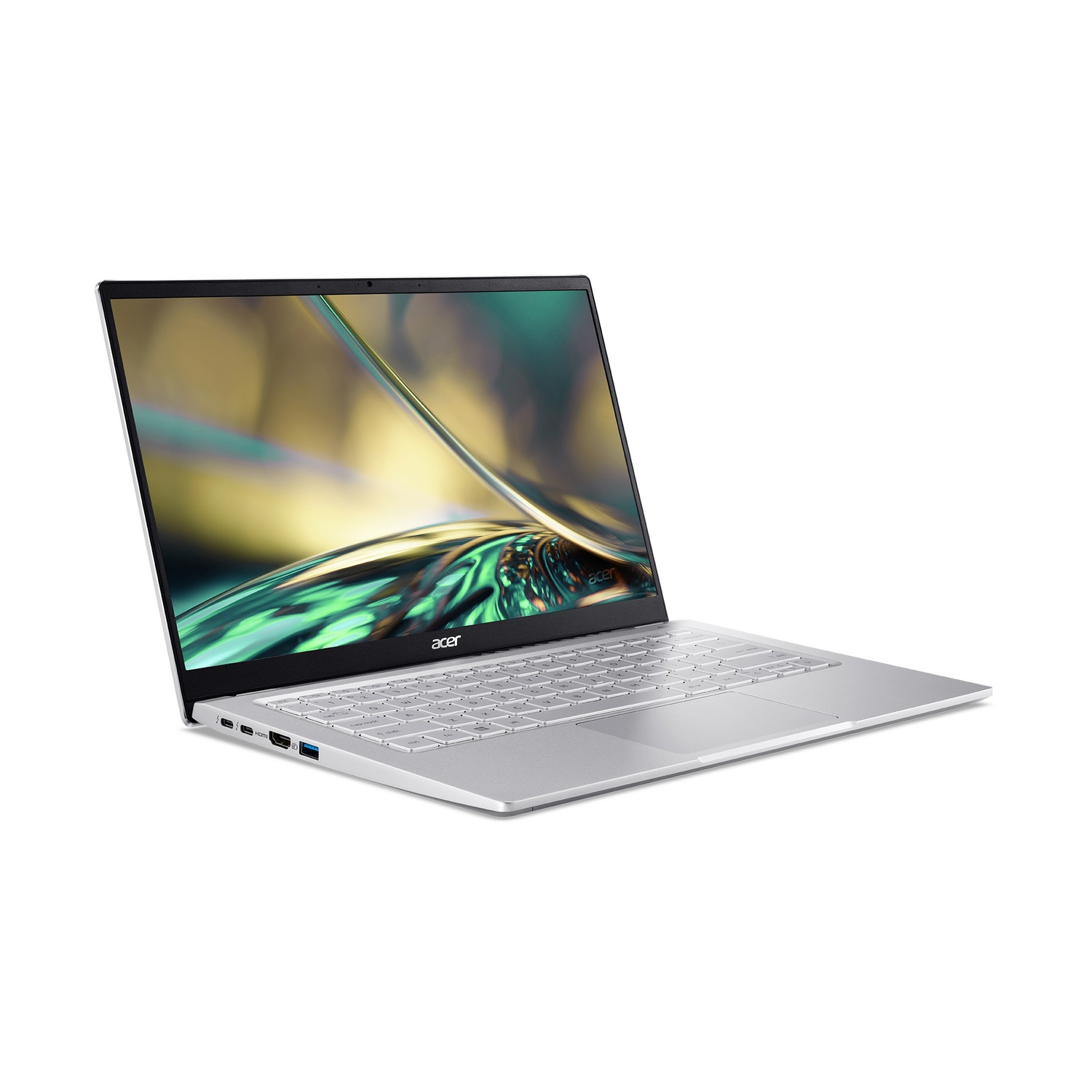 Laptop plateado con pantalla abierta, teclado y panel táctil sobre fondo blanco.