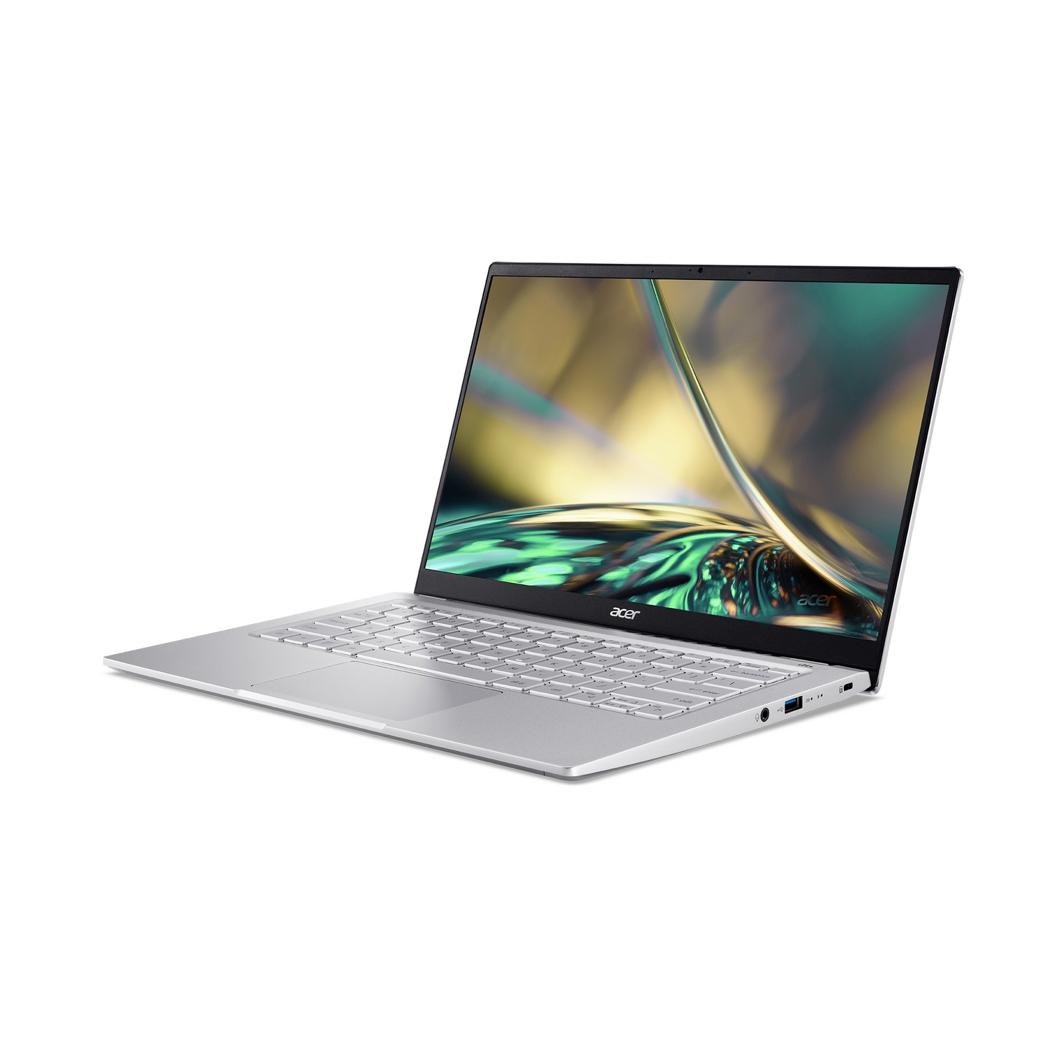 Un portátil plateado con la pantalla abierta, con un fondo blanco. La pantalla está encendida.