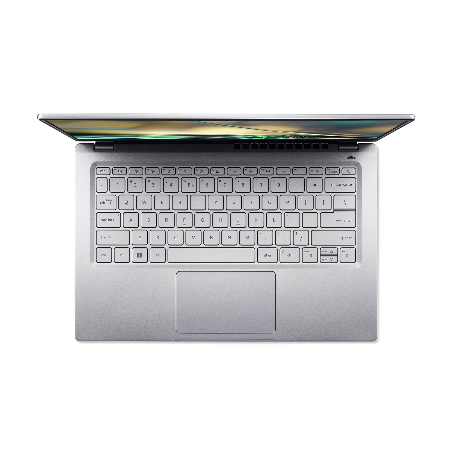 Vista superior de una computadora portátil plateada con pantalla abierta, teclado blanco y panel táctil.