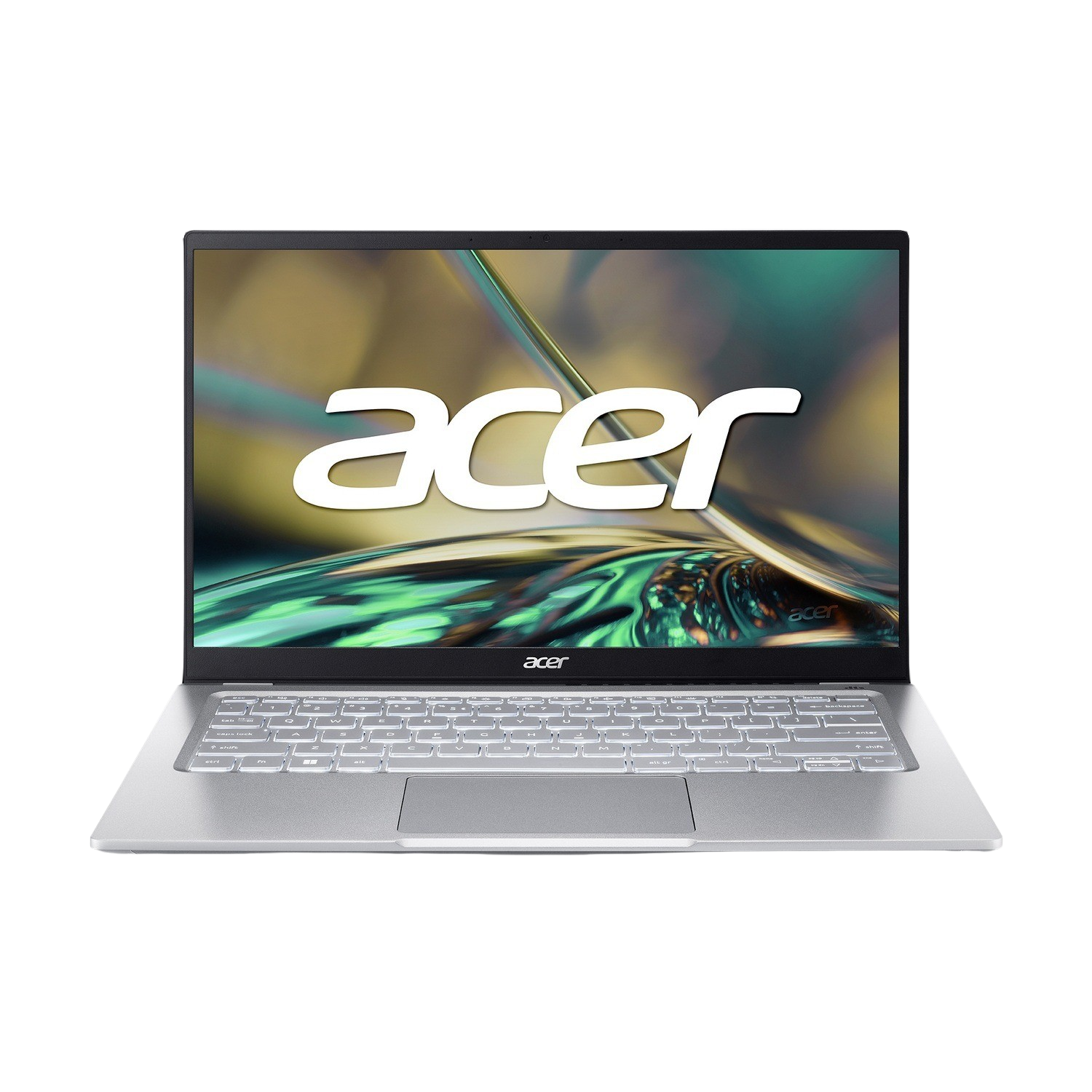 Una laptop Acer plateada con la palabra 'acer' en la pantalla, sobre un fondo negro.