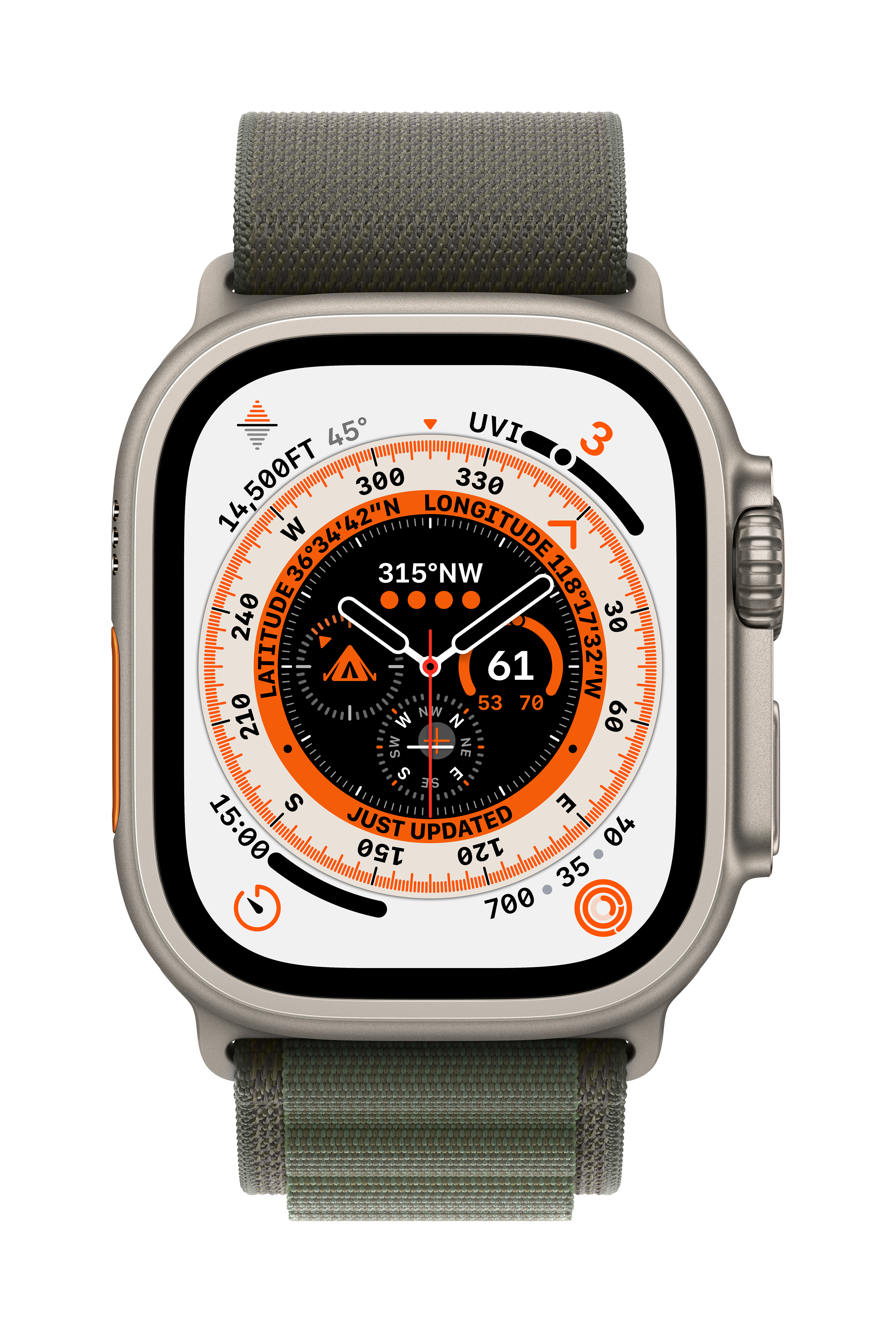 Eine silberne Smartwatch auf einem grünen Band, die Zeit- und Kompassdetails anzeigt.