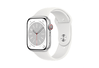 APPLE Watch S8 GPS + Cellular 45 mm Boîtier Aluminium Argent, Bracelet Sport Blanc Regular (MP4J3NF/A)