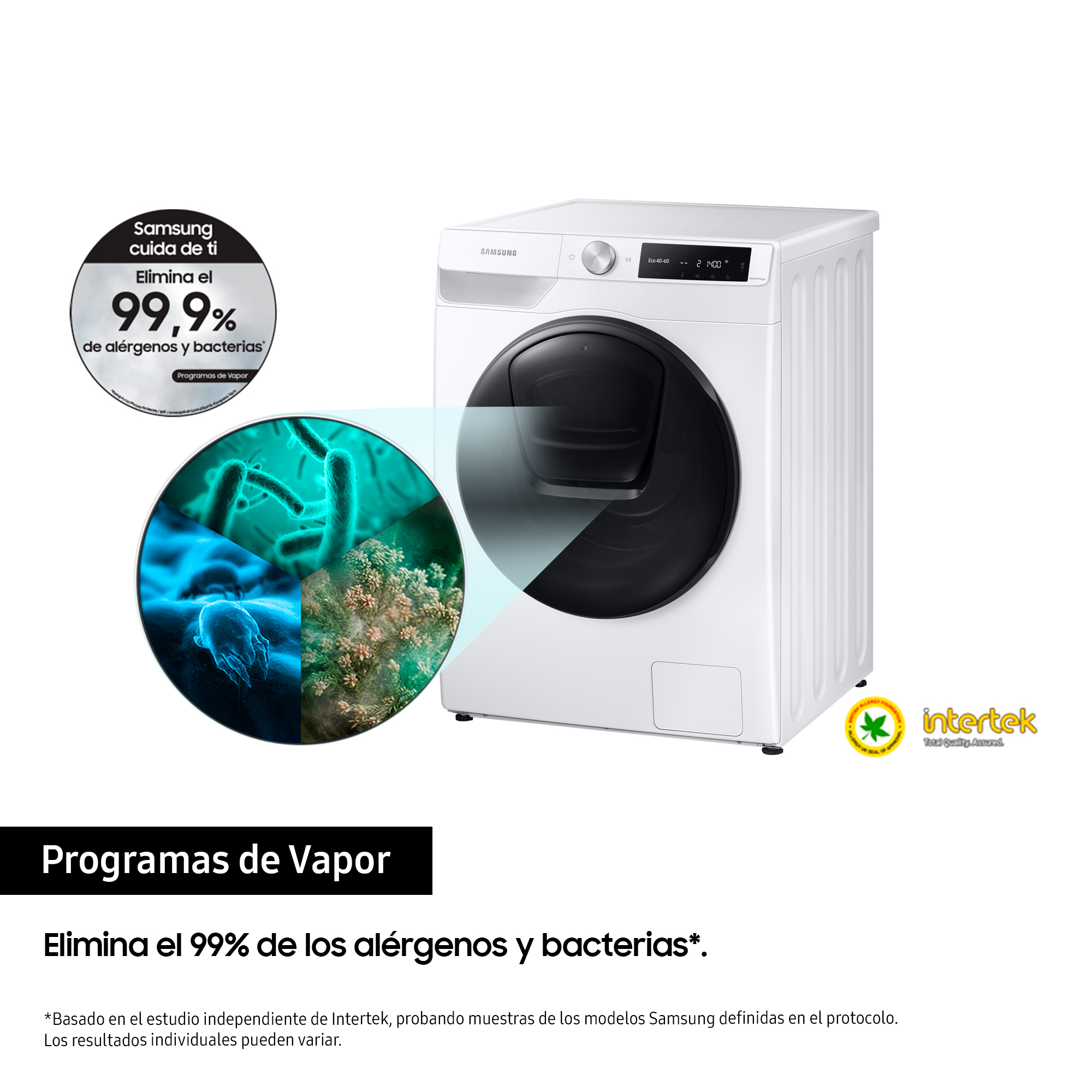Una lavadora blanca con puerta negra y un gráfico de bacterias y alérgenos.