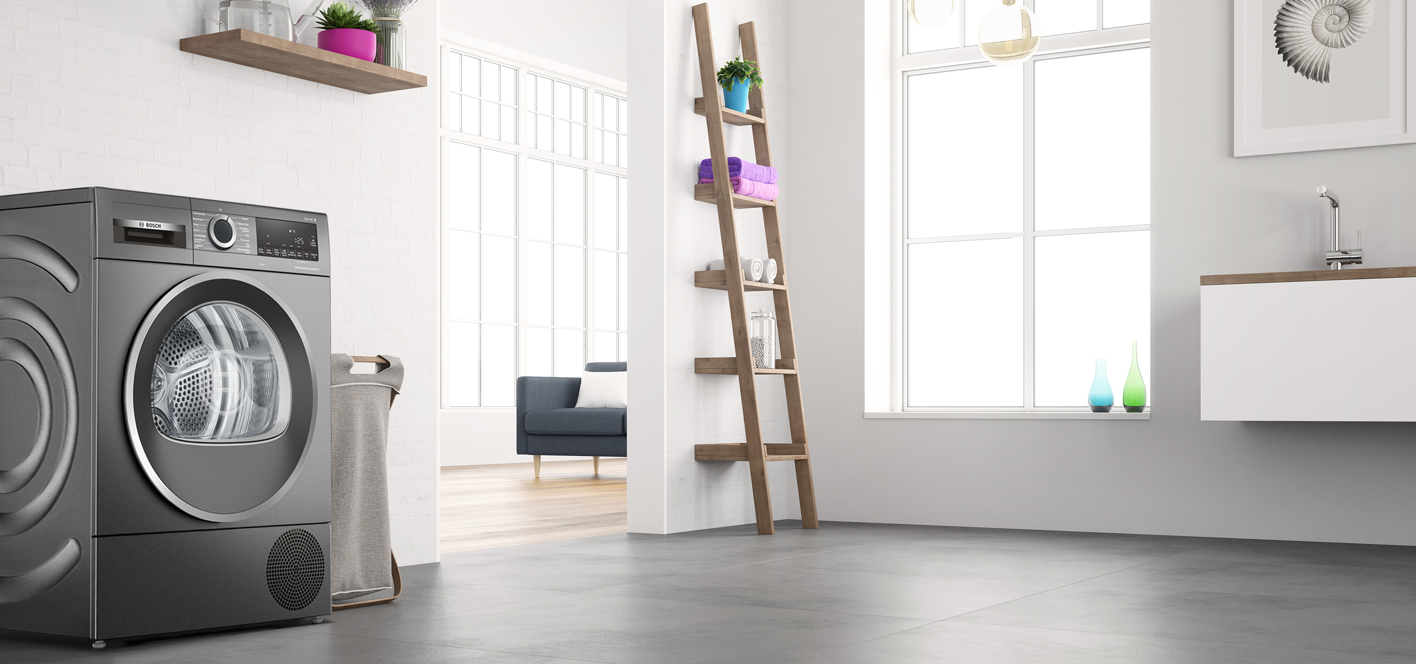 A laundry room scene. A gray washer-dryer combo, a ladder shelf, a window, and a gray tiled floor.