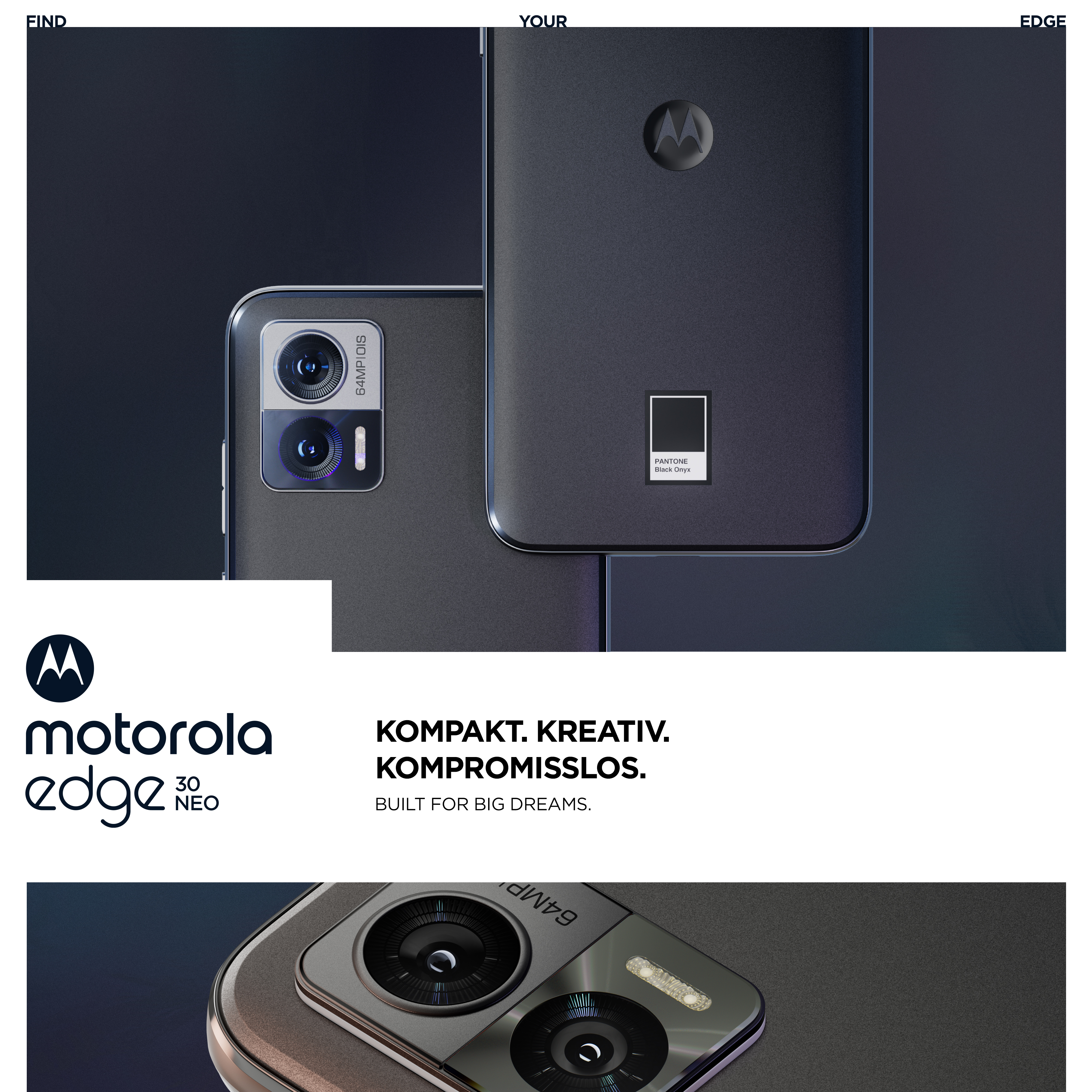 Motorola Edge 30 Neo Telefon mit zwei Rückansichten und Text.