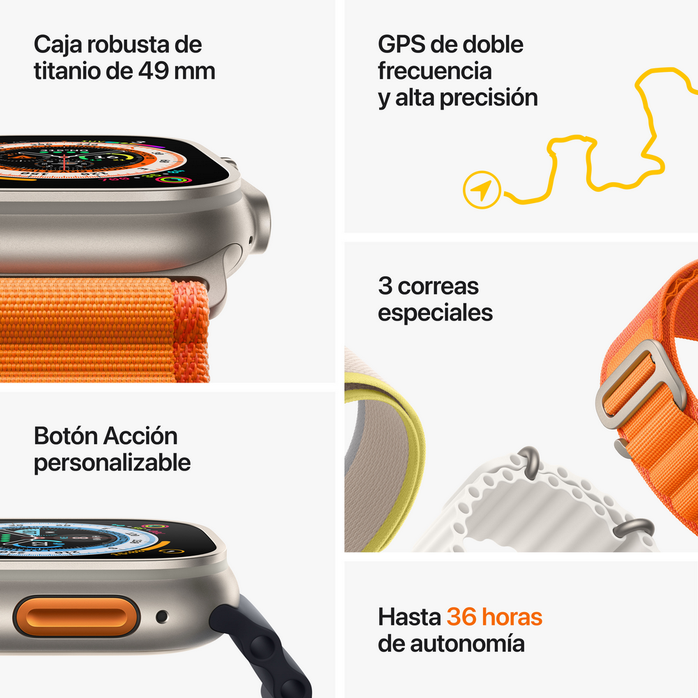 Apple Watch con funciones: caja de titanio, GPS, múltiples correas, botón de acción personalizable y batería.