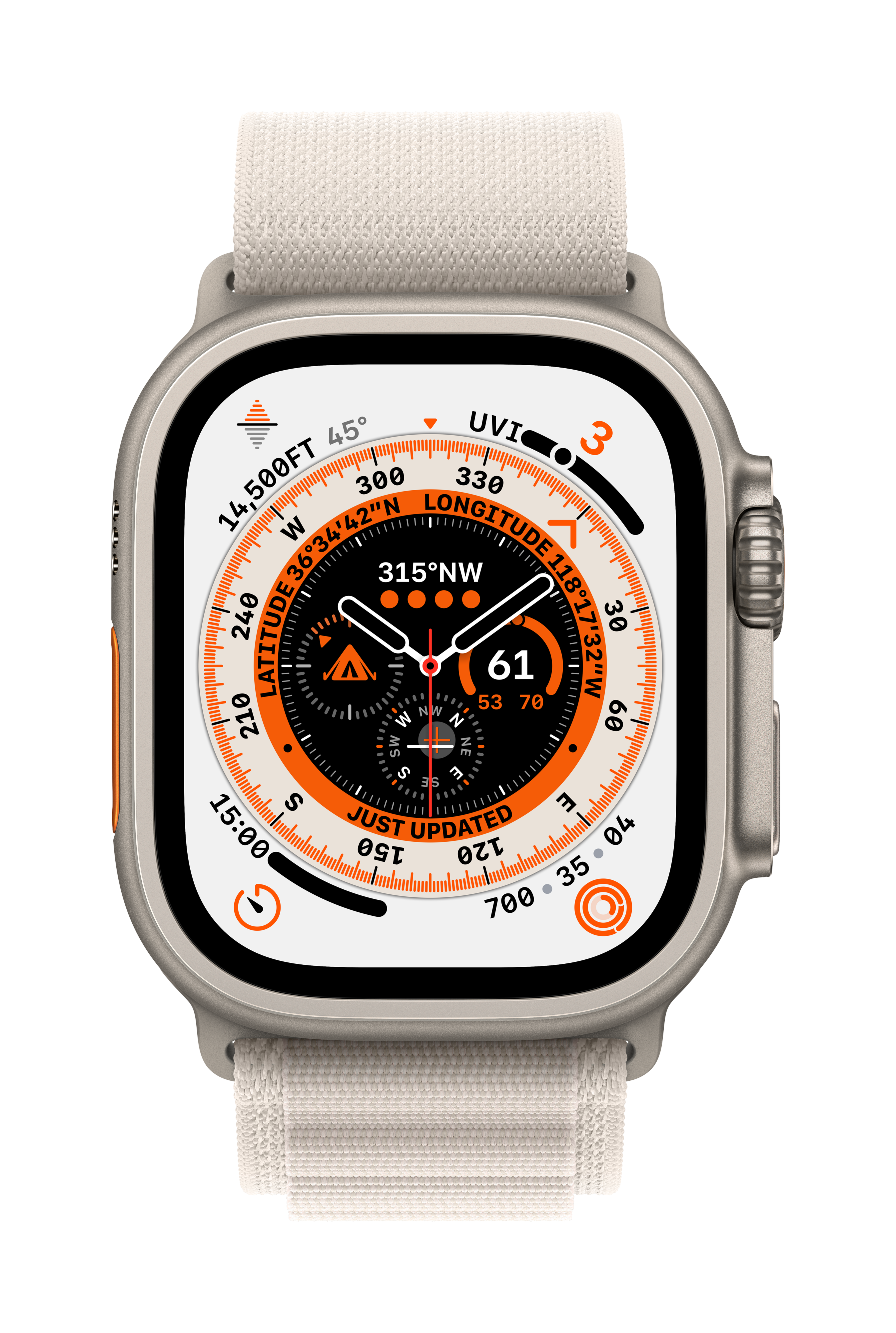 Apple Watch Ultra mit beigem Armband, isoliert auf weißem Hintergrund.