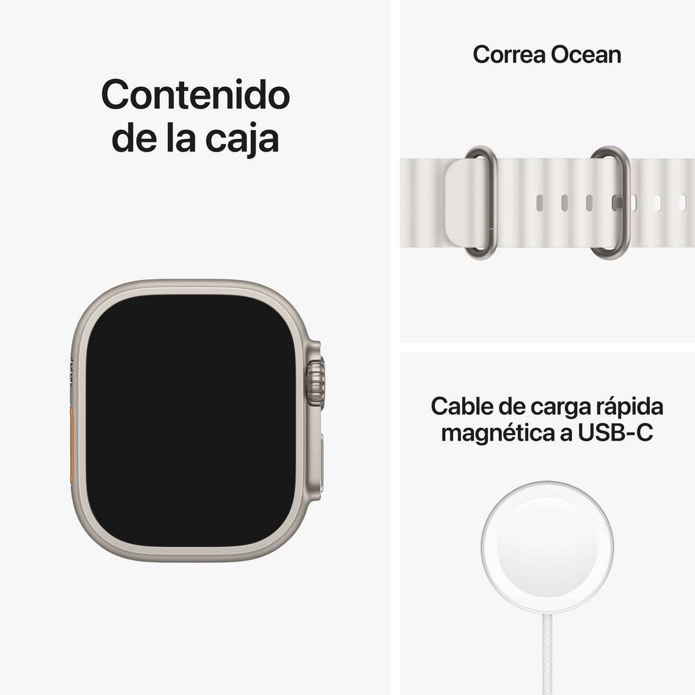 Apple Watch con accesorios: correa Ocean, cable de carga rápida y reloj con pantalla negra.