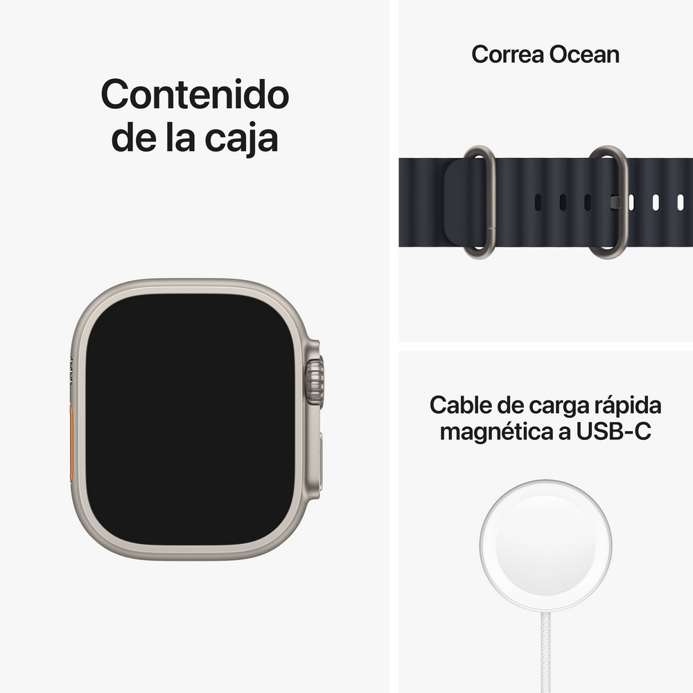 Contenido del Apple Watch Ultra. Reloj, correa Ocean y cable de carga magnético.