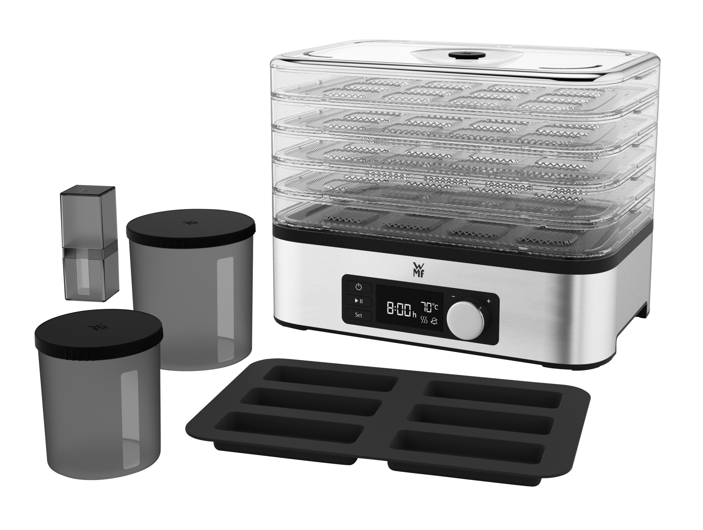 Deshidratador de alimentos - WMF KITCHENminis Snack to go, 250W, Ajuste de temperatura, 5 Estantes,Temporadizador programable, LCD, Acero Inox.