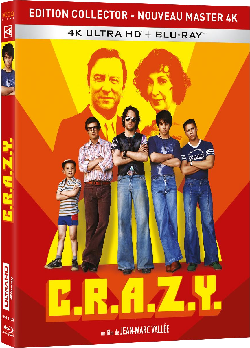 Un boîtier de DVD avec une affiche de film mettant en vedette cinq hommes dans diverses tenues. Le titre est 'C.R.A.Z.Y.'