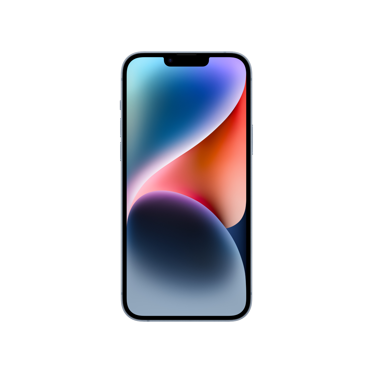 Een vooraanzicht van een blauwe iPhone met een kleurrijk behangverloop. De telefoon ligt op een wit oppervlak.