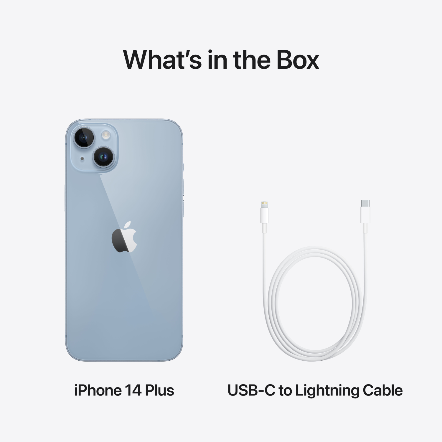 Een lichtblauwe telefoon naast een witte USB-C naar Lightning-kabel, doos met de titel 'Wat zit er in de doos'.