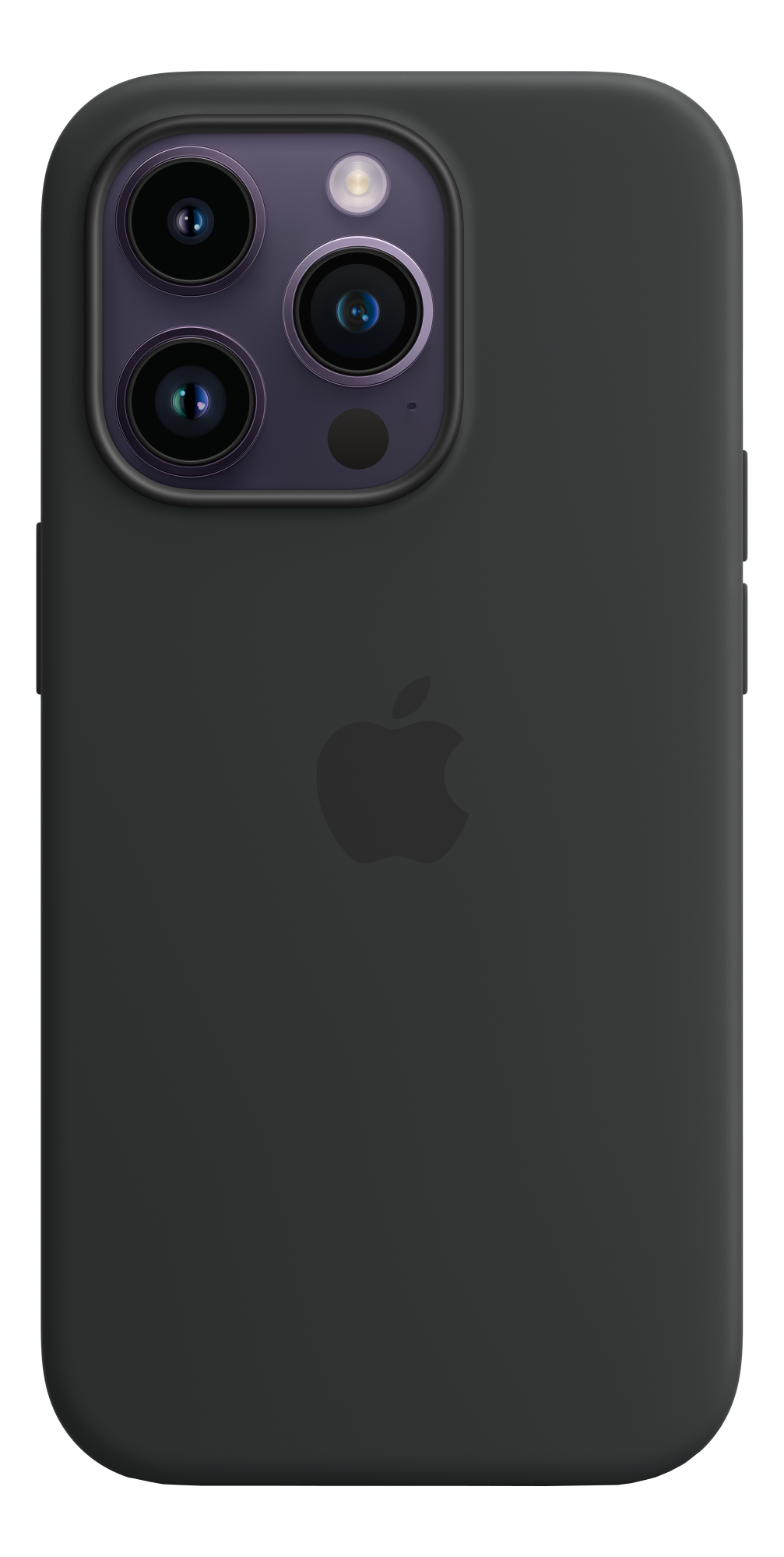 Eine dunkelgraue iPhone-Hülle mit drei Kameralinsen und dem Apple-Logo.
