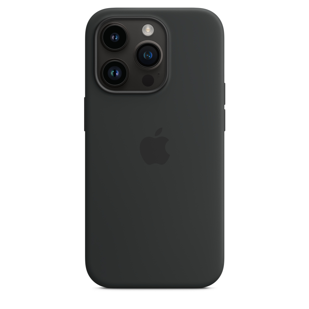 Schwarzes iPhone 14 Pro mit drei Kameras auf der Rückseite, das Apple-Logo in der Mitte.