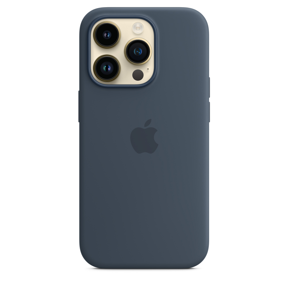 Dunkelblaue Handyhülle mit Apple-Logo und Kamera.