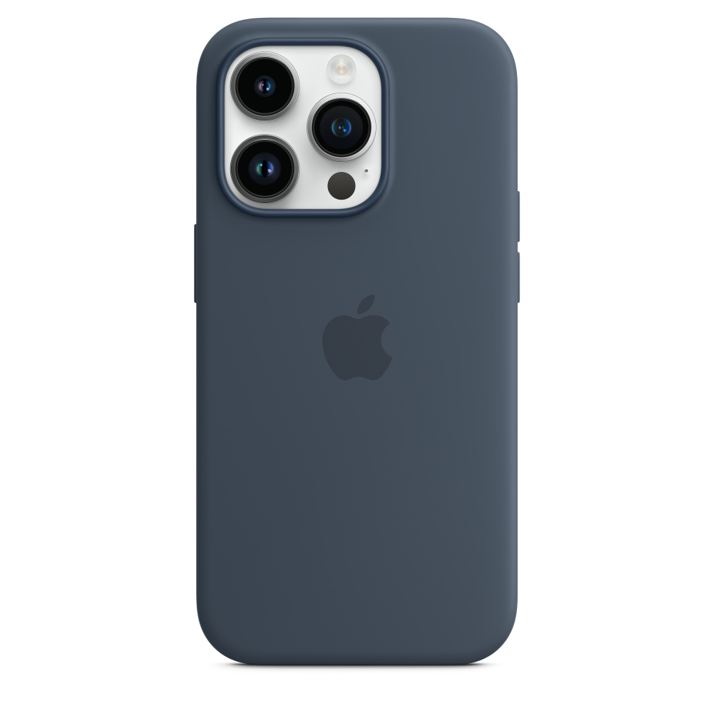 Dunkelblaue iPhone-Hülle, Rückansicht, zeigt die Kameraanordnung und das Apple-Logo.