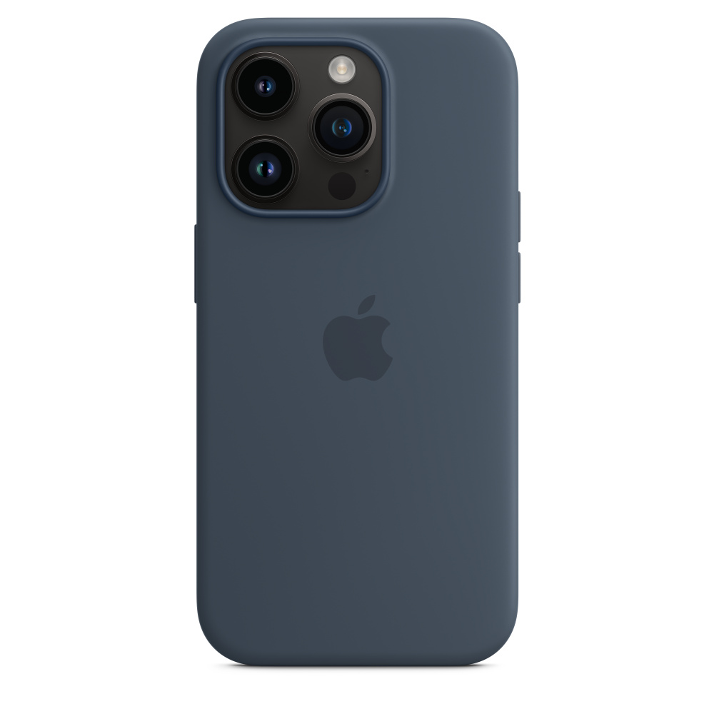 Marineblaues iPhone mit drei Kameras auf der Rückseite und dem Apple-Logo.