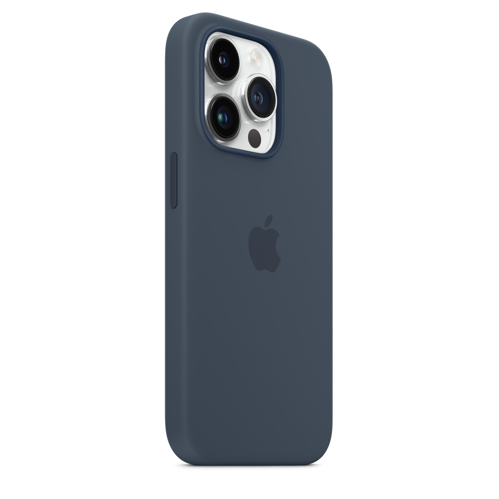Blaue iPhone 15 Pro Hülle. Apple-Logo auf der Rückseite. Passgenaue Hülle.