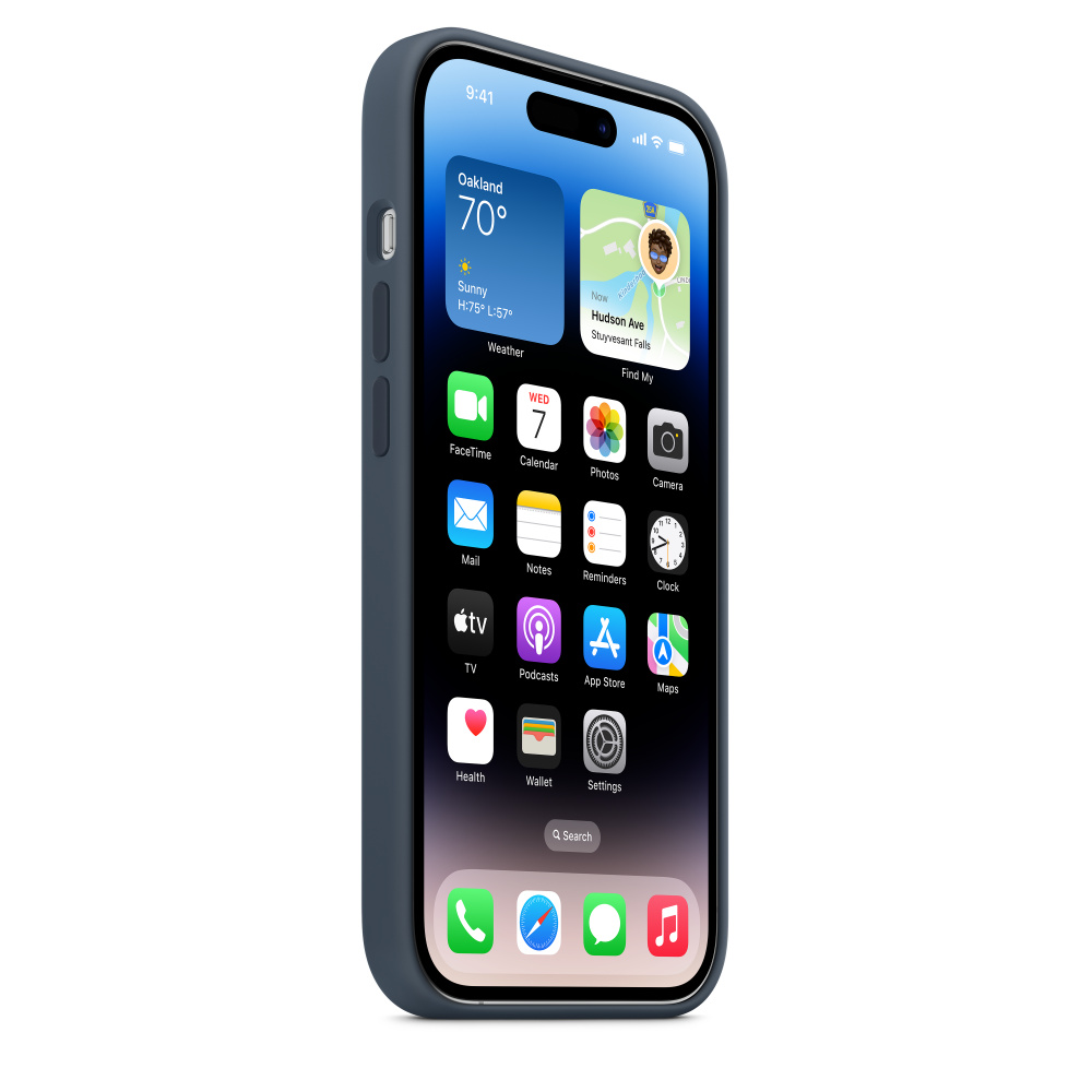 Ein iPhone in einem blauen Gehäuse, das seinen Startbildschirm mit App-Symbolen, Wetter und Uhrzeit anzeigt.