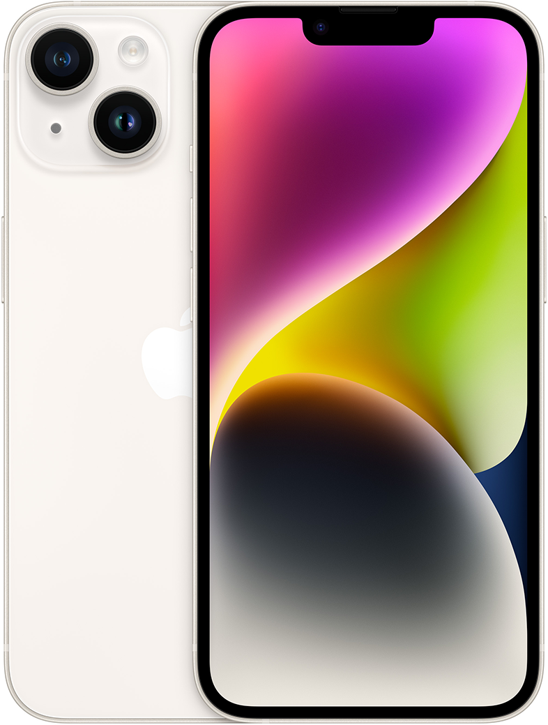 Fehér iPhone színes képernyővel. Kettős kamera hátul, elegáns design, Apple logó.