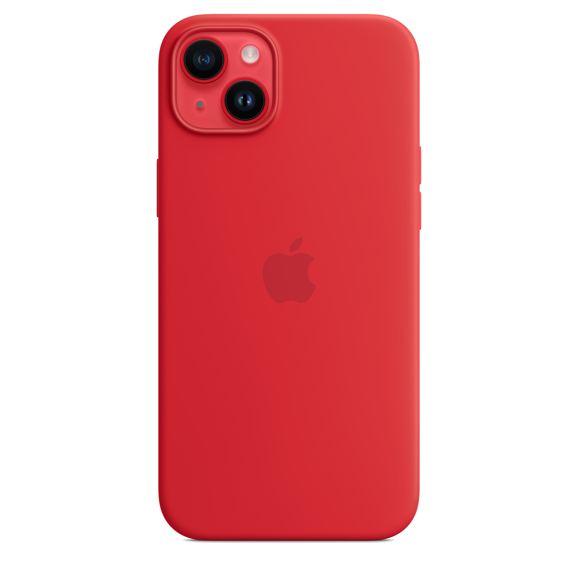 Piros iPhone 14 kamerákkal. Apple logó középen, a hátoldalon.