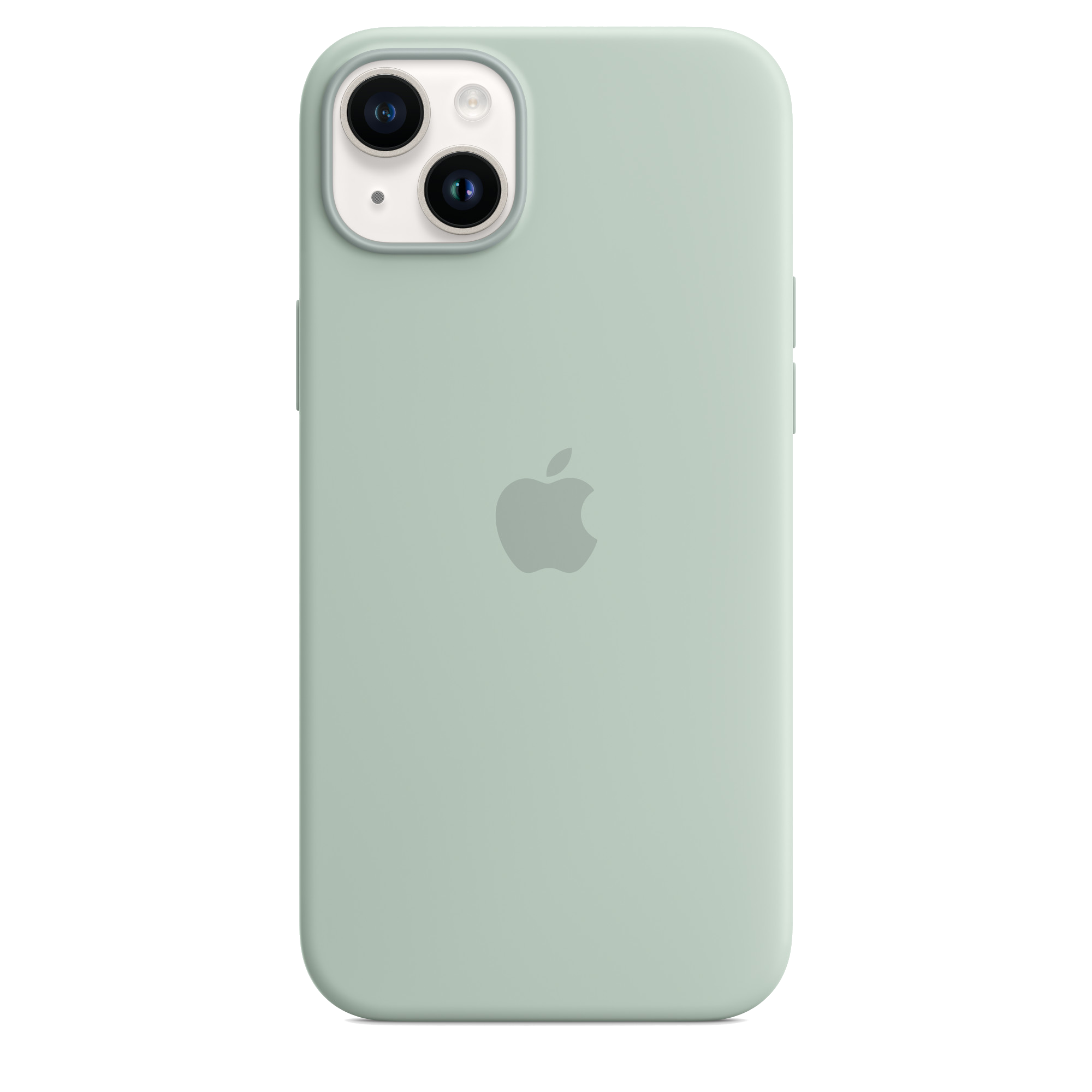 Mentazöld iPhone tok Apple logóval a hátulján. Két kamera látható.