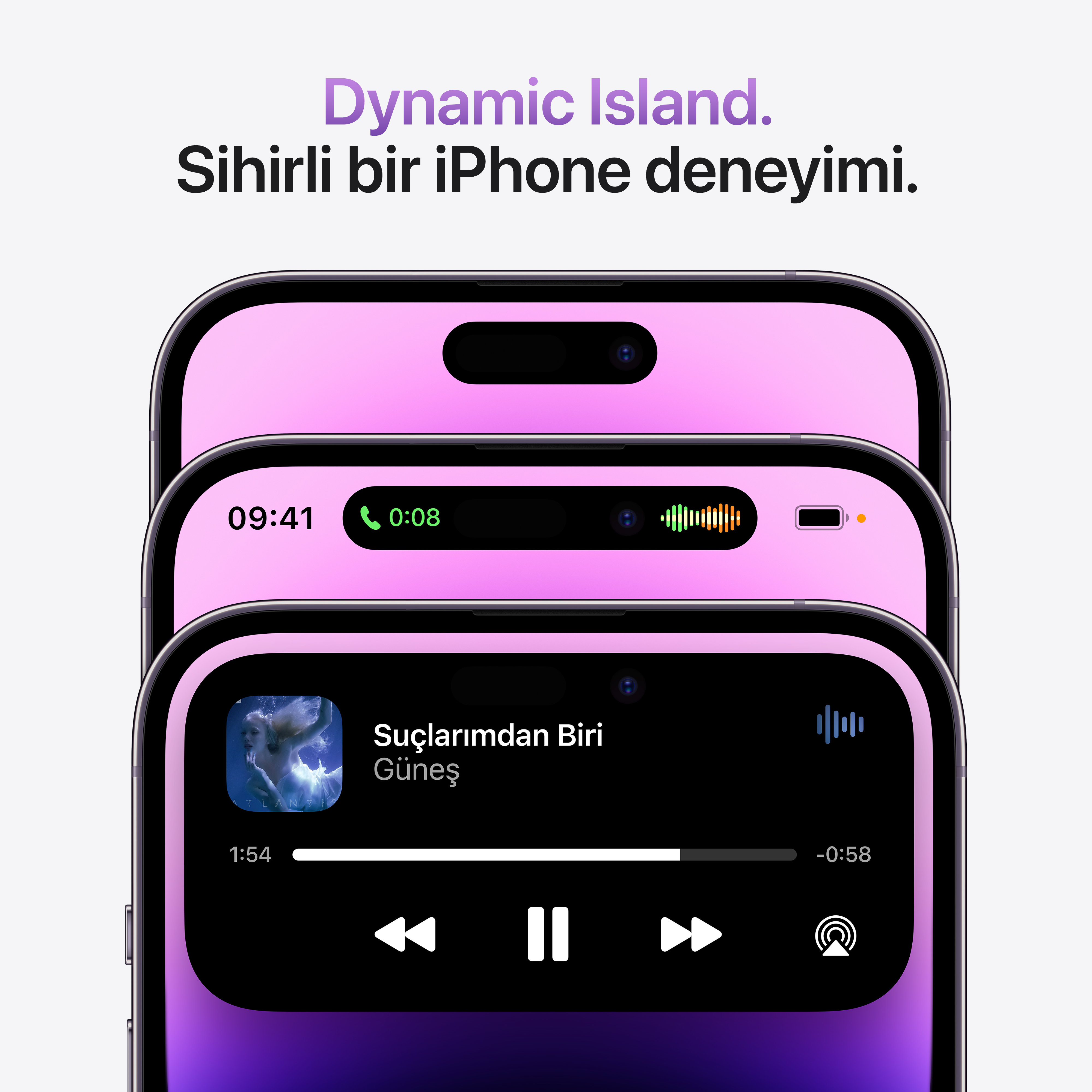Siyah ekranlı üç pembe telefon. Metin Dynamic Island'ı okur.